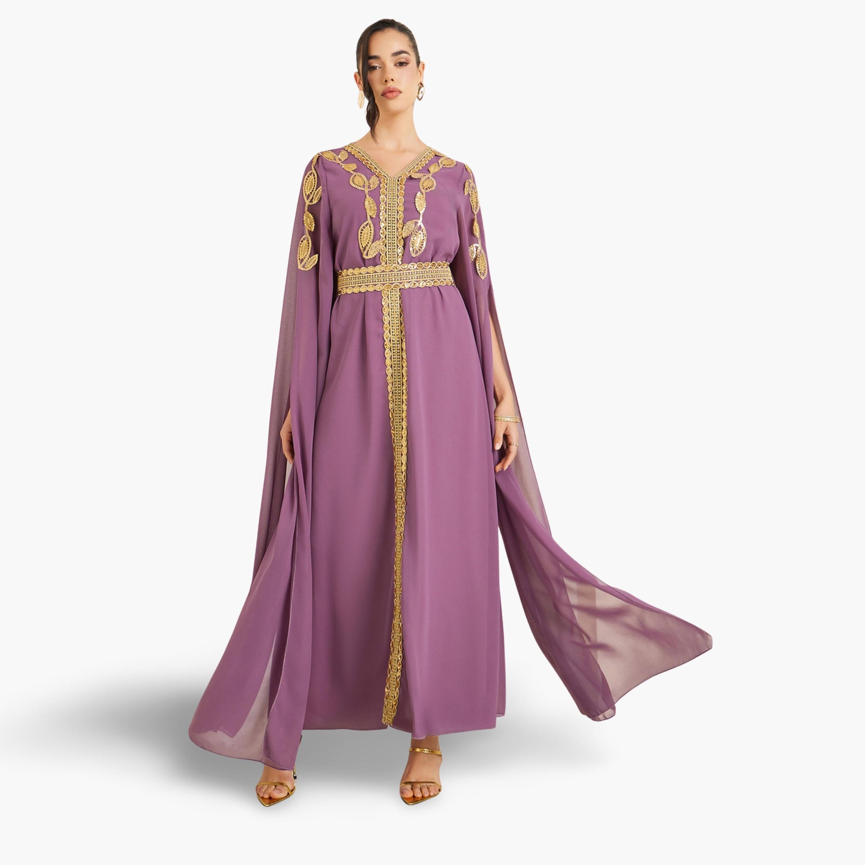Styli Women Purple Embroidered Belted Kaftan-women-arabicclothing-kaftan-image-1