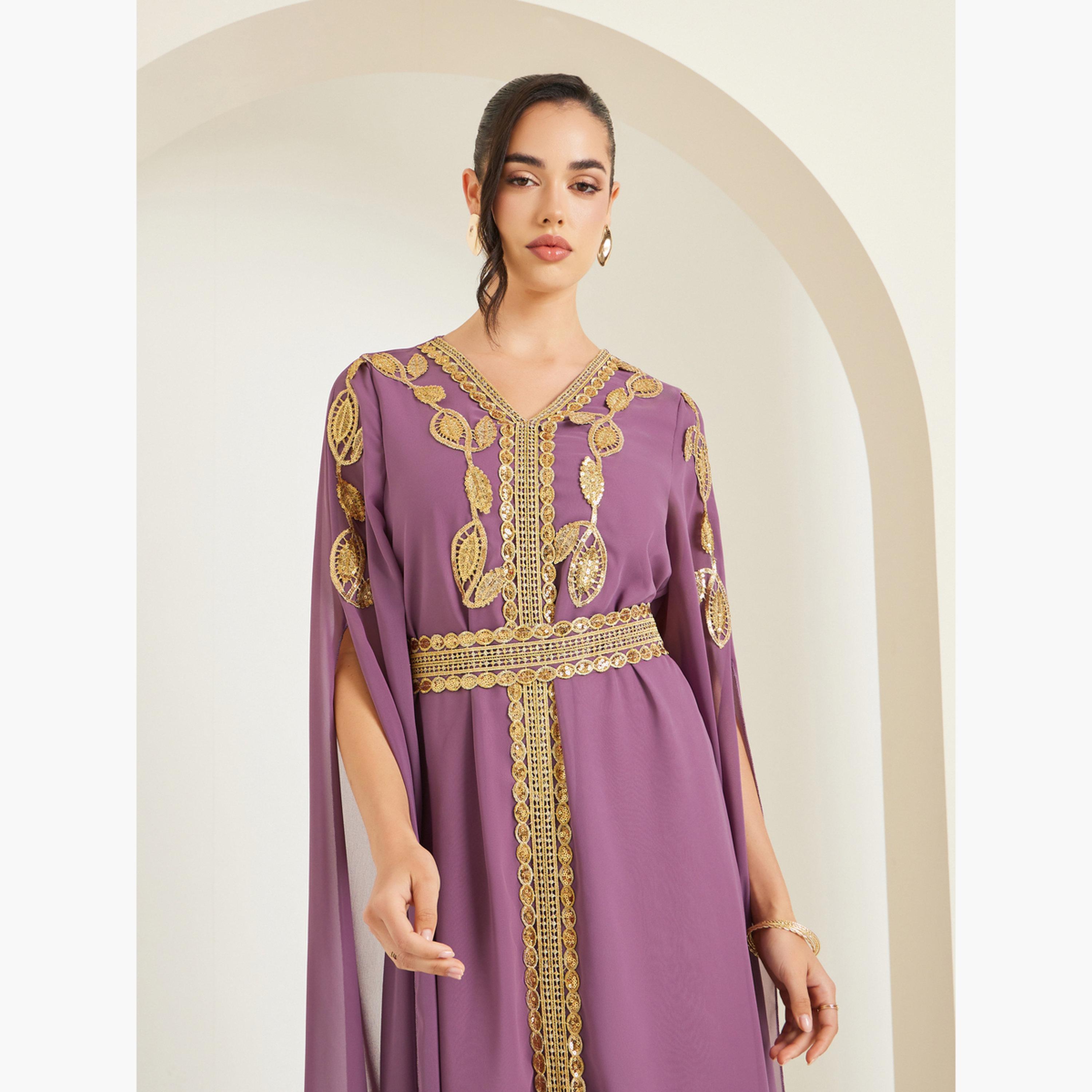 Styli Women Purple Embroidered Belted Kaftan-women-arabicclothing-kaftan-image-2