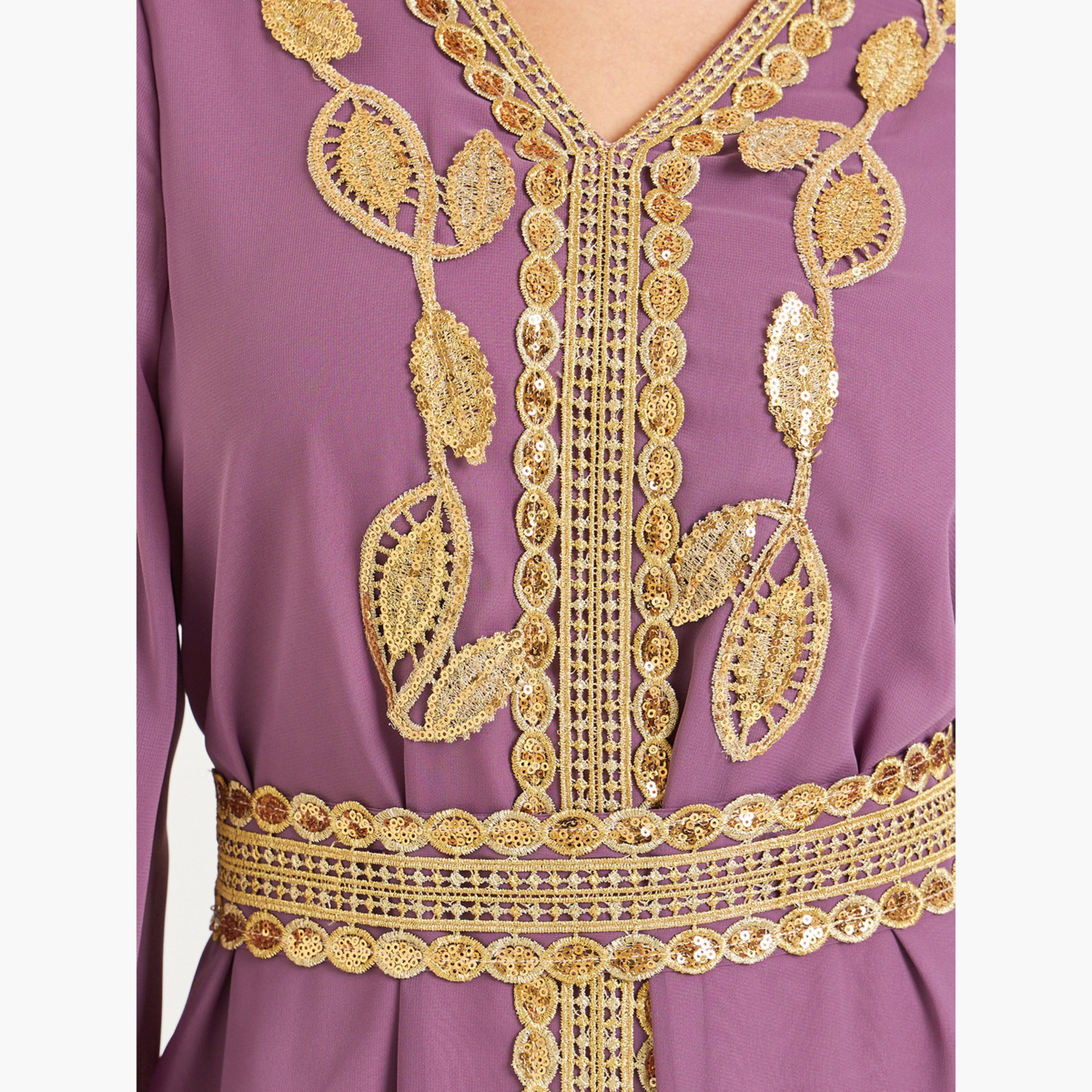 Styli Women Purple Embroidered Belted Kaftan-women-arabicclothing-kaftan-image-4