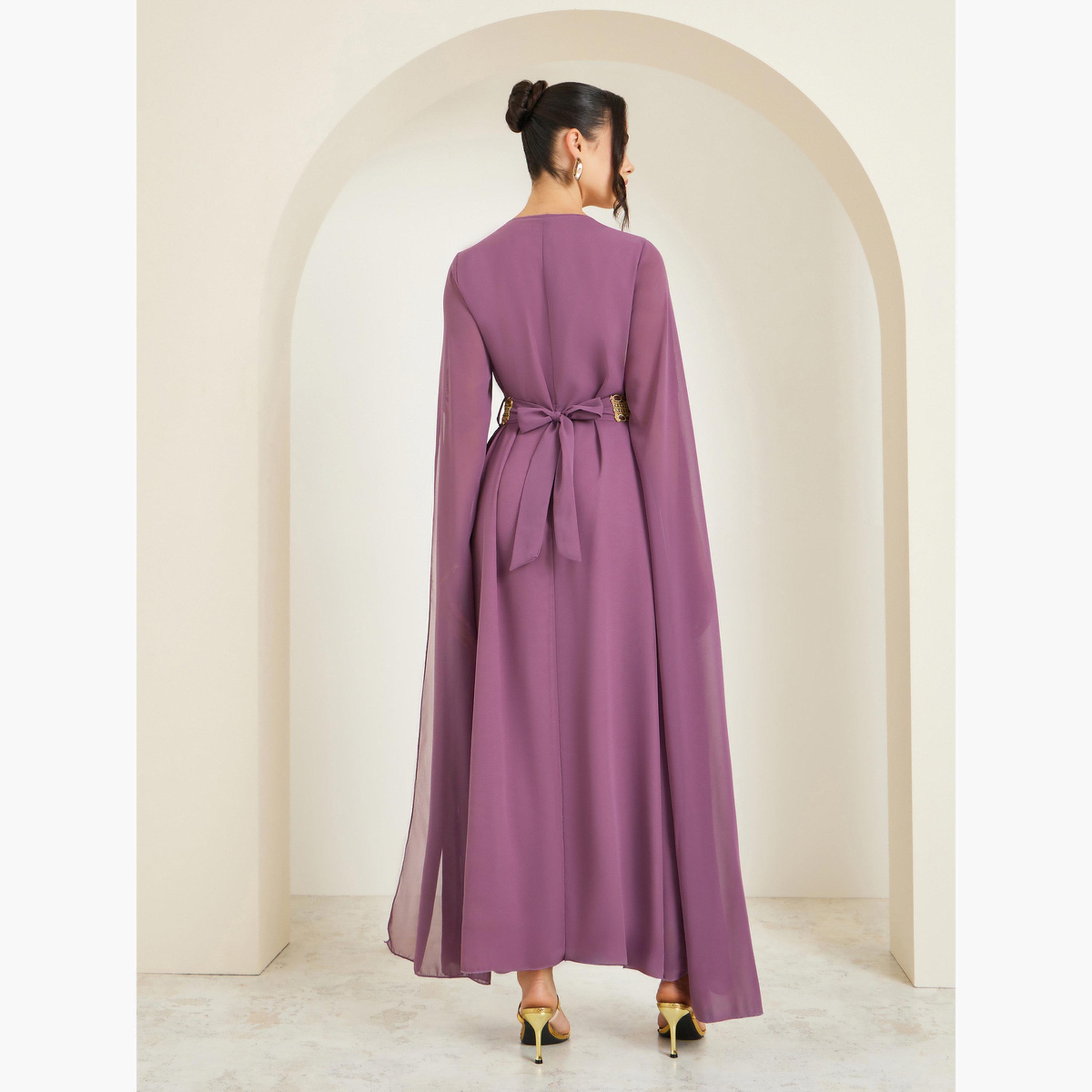 Styli Women Purple Embroidered Belted Kaftan-women-arabicclothing-kaftan-image-5