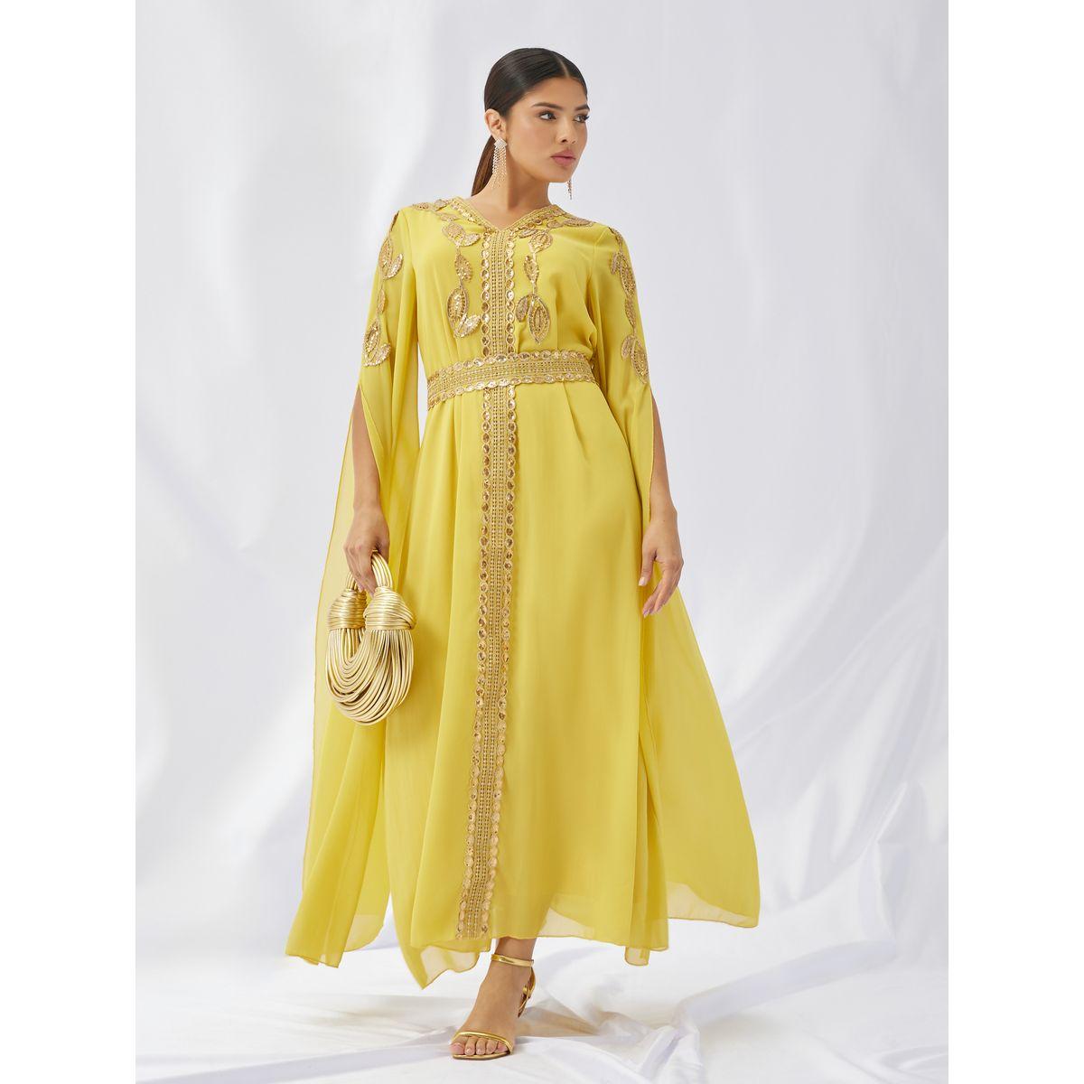 Styli Lace Trim Slit Sleeves V Neck Kaftan-women-arabicclothing-kaftan-image-1
