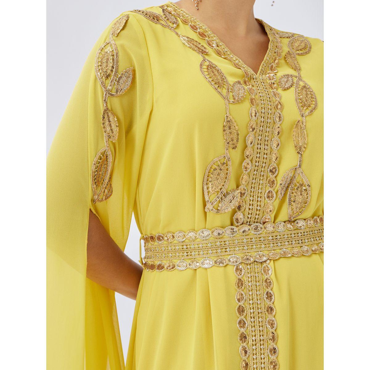 Styli Lace Trim Slit Sleeves V Neck Kaftan-women-arabicclothing-kaftan-image-3