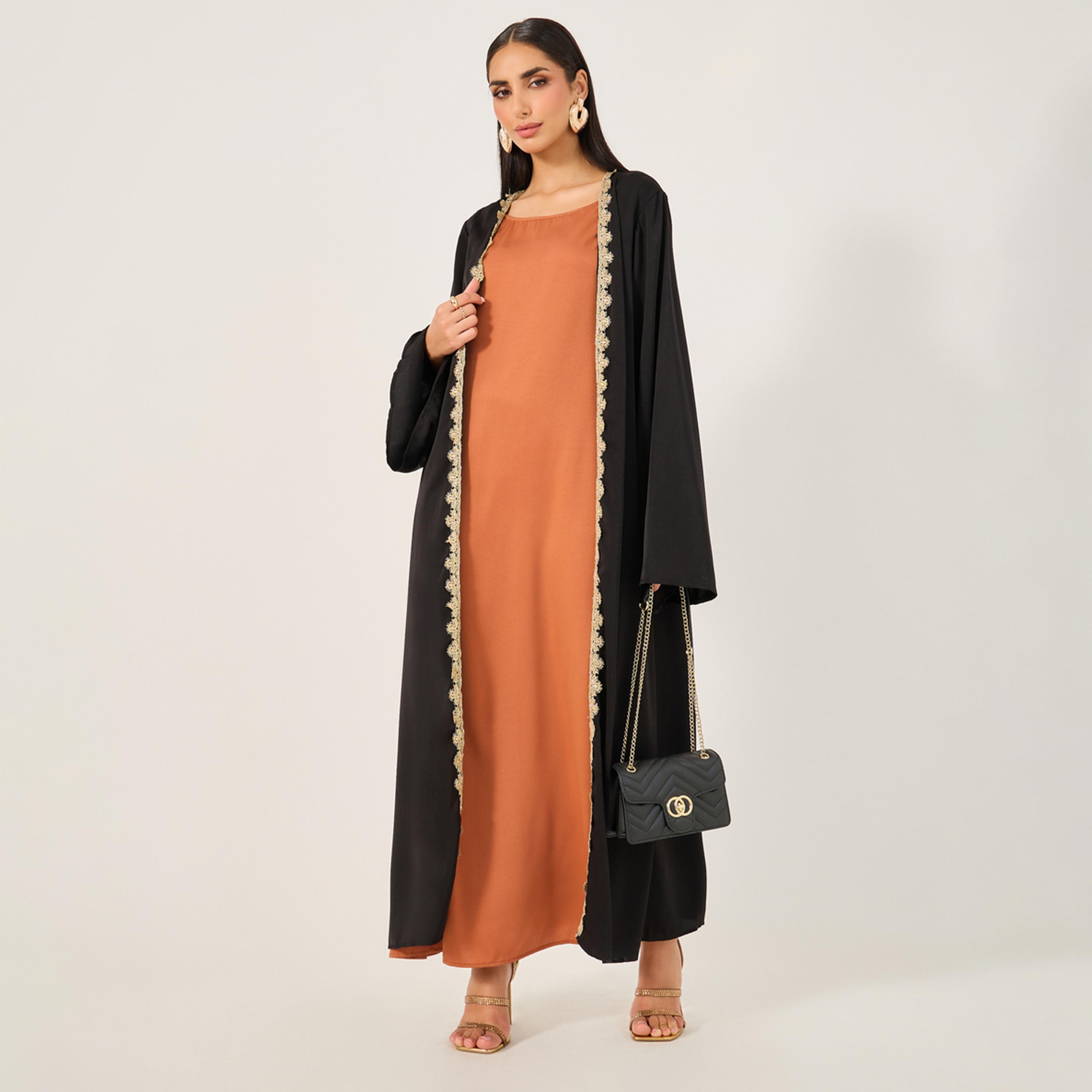 Styli Regular Fit Cami Inner Maxi Dress and Emboridery Trim Abaya Set-women-arabicclothing-abayas-image-1