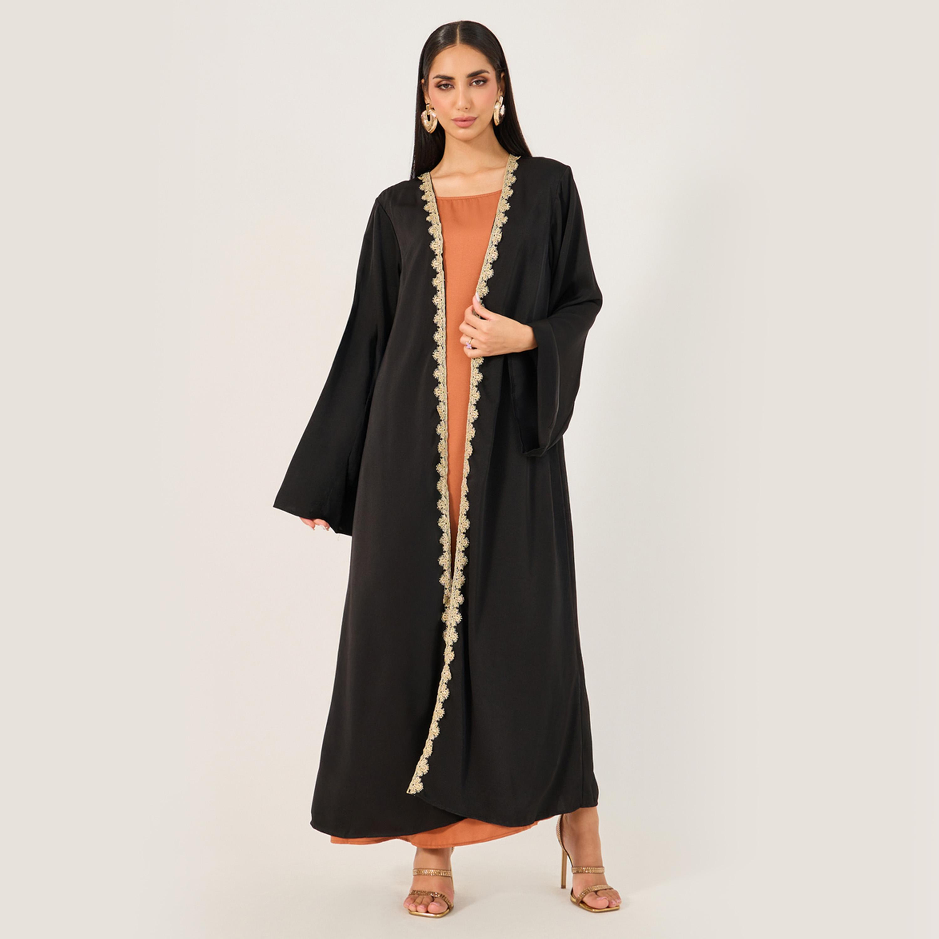 Styli Regular Fit Cami Inner Maxi Dress and Emboridery Trim Abaya Set-women-arabicclothing-abayas-image-2