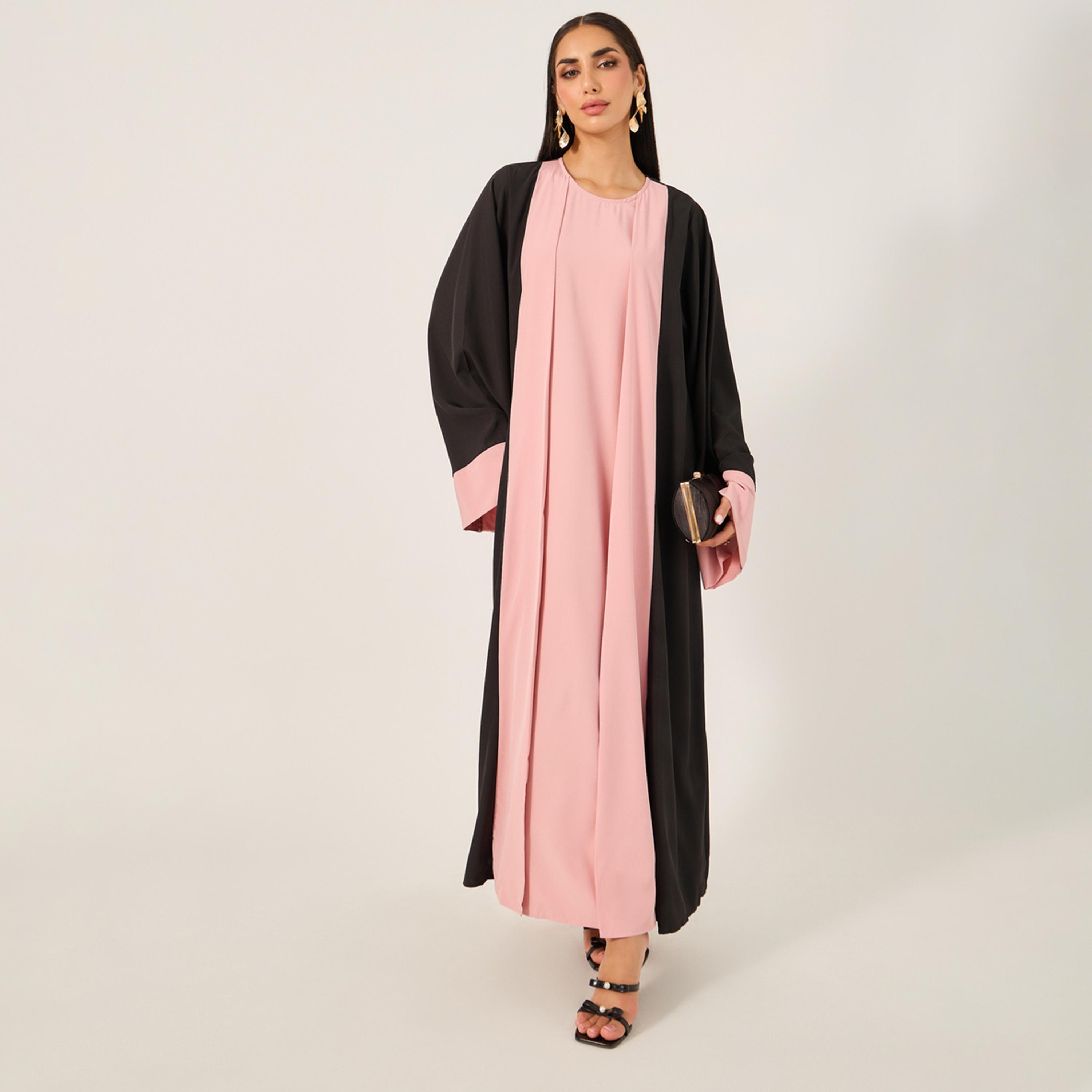 Styli Regular Fit Cami Inner Dress and Colorblock Abaya Set-women-arabicclothing-sets-image-1