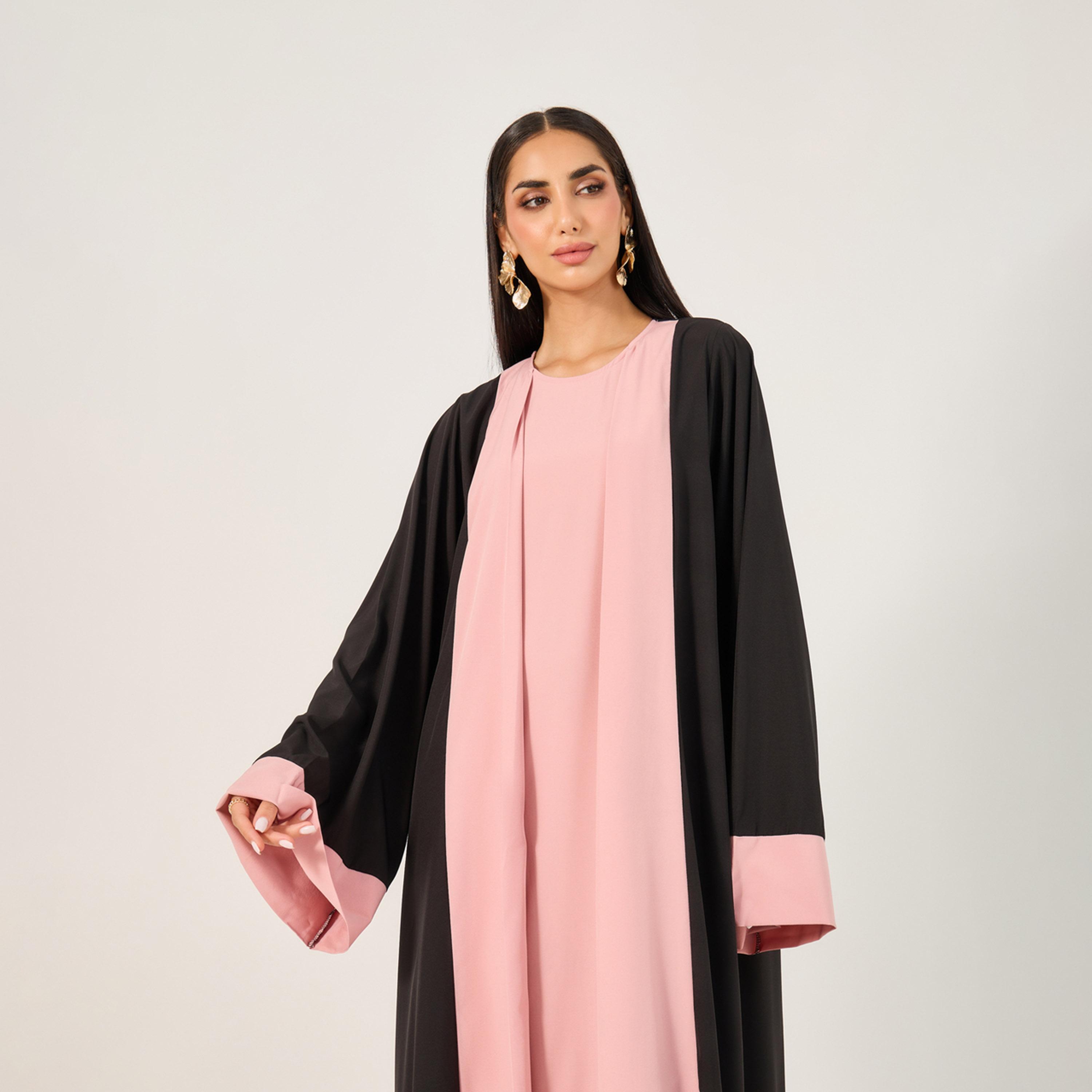 Styli Regular Fit Cami Inner Dress and Colorblock Abaya Set-women-arabicclothing-sets-image-3
