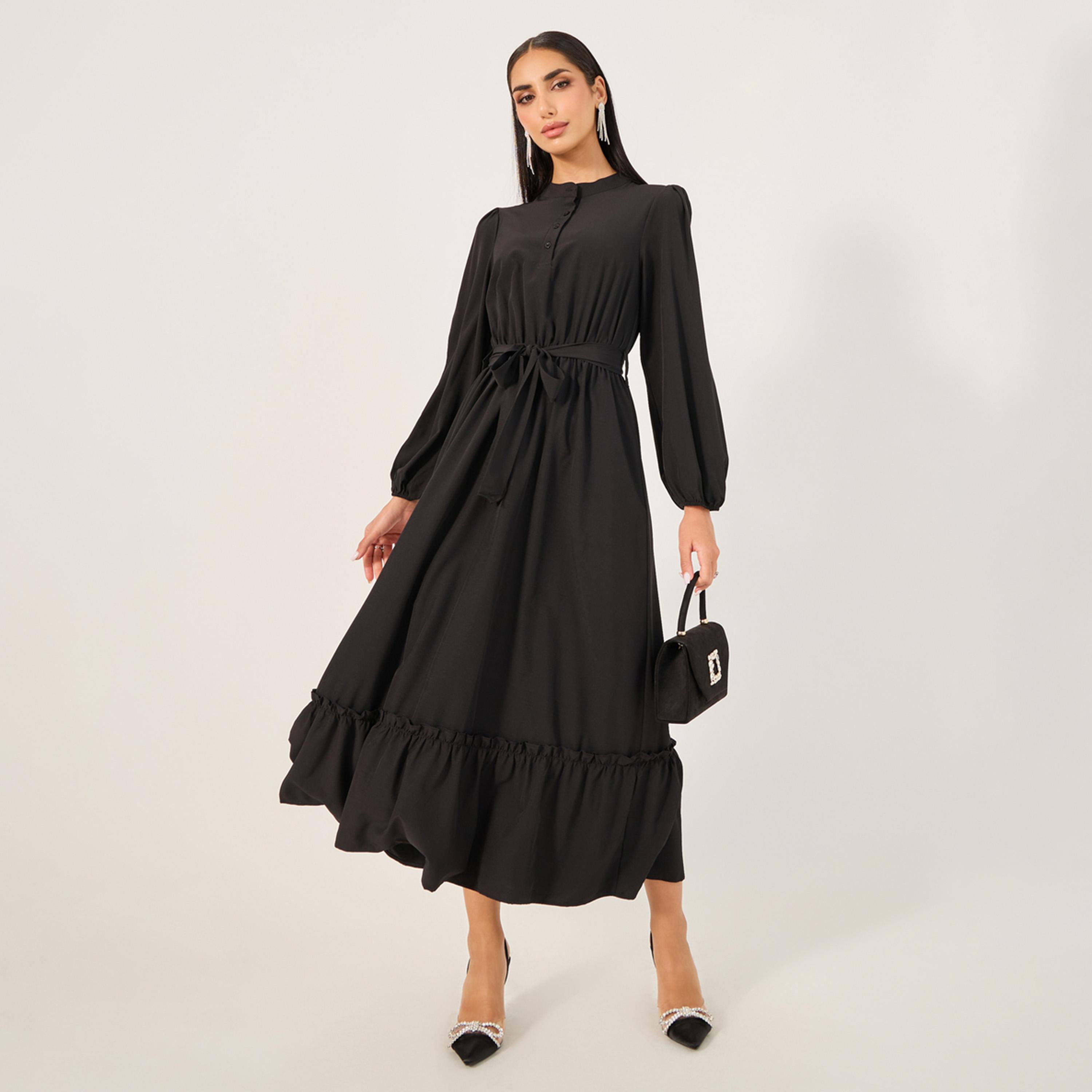 Styli Front Button Ruffle Hem Jalabiya-women-arabicclothing-jalabiyas-image-1