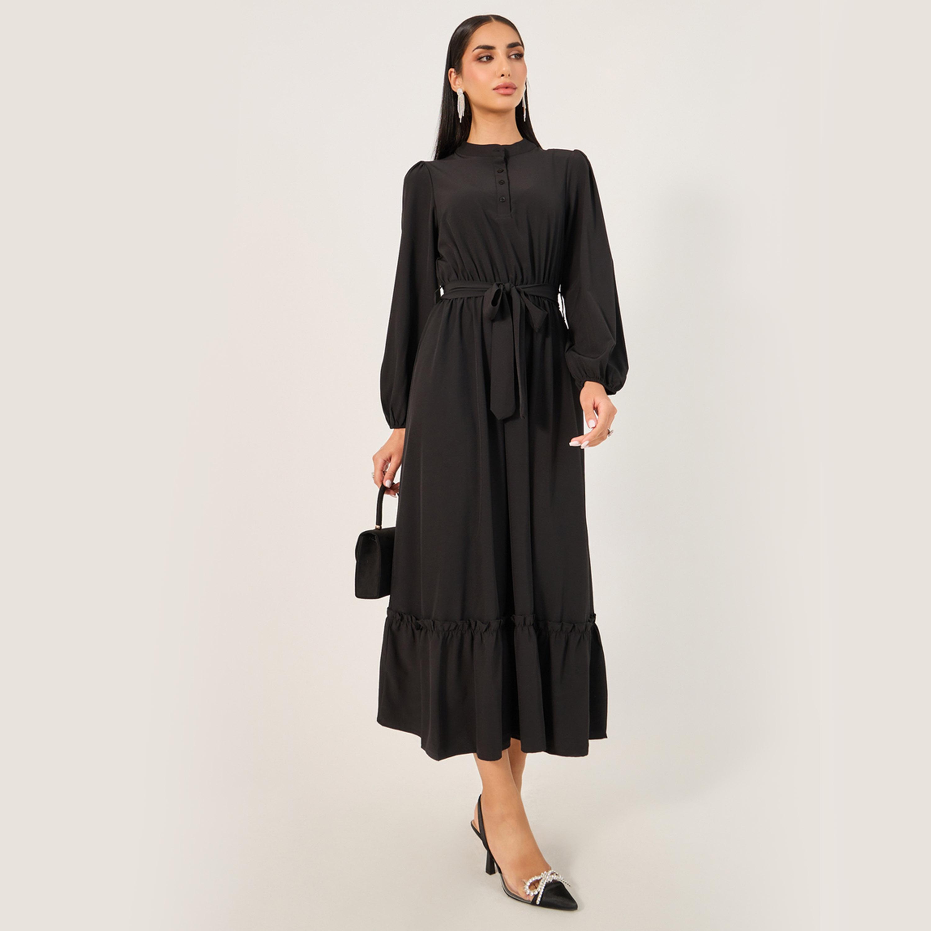 Styli Front Button Ruffle Hem Jalabiya-women-arabicclothing-jalabiyas-image-2