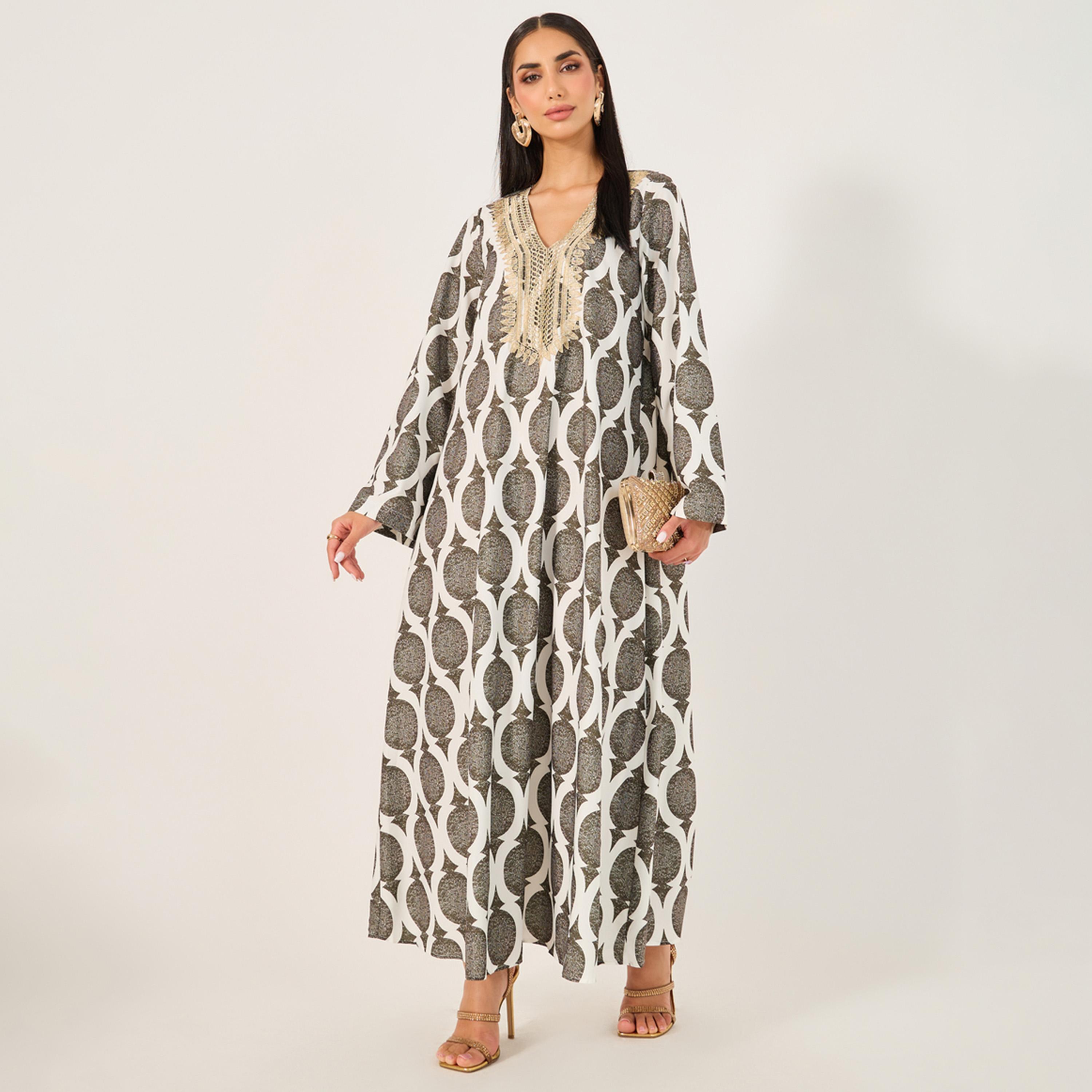 Styli Allover Printed Lace Contrast Jalaybiya-women-arabicclothing-jalabiyas-image-1