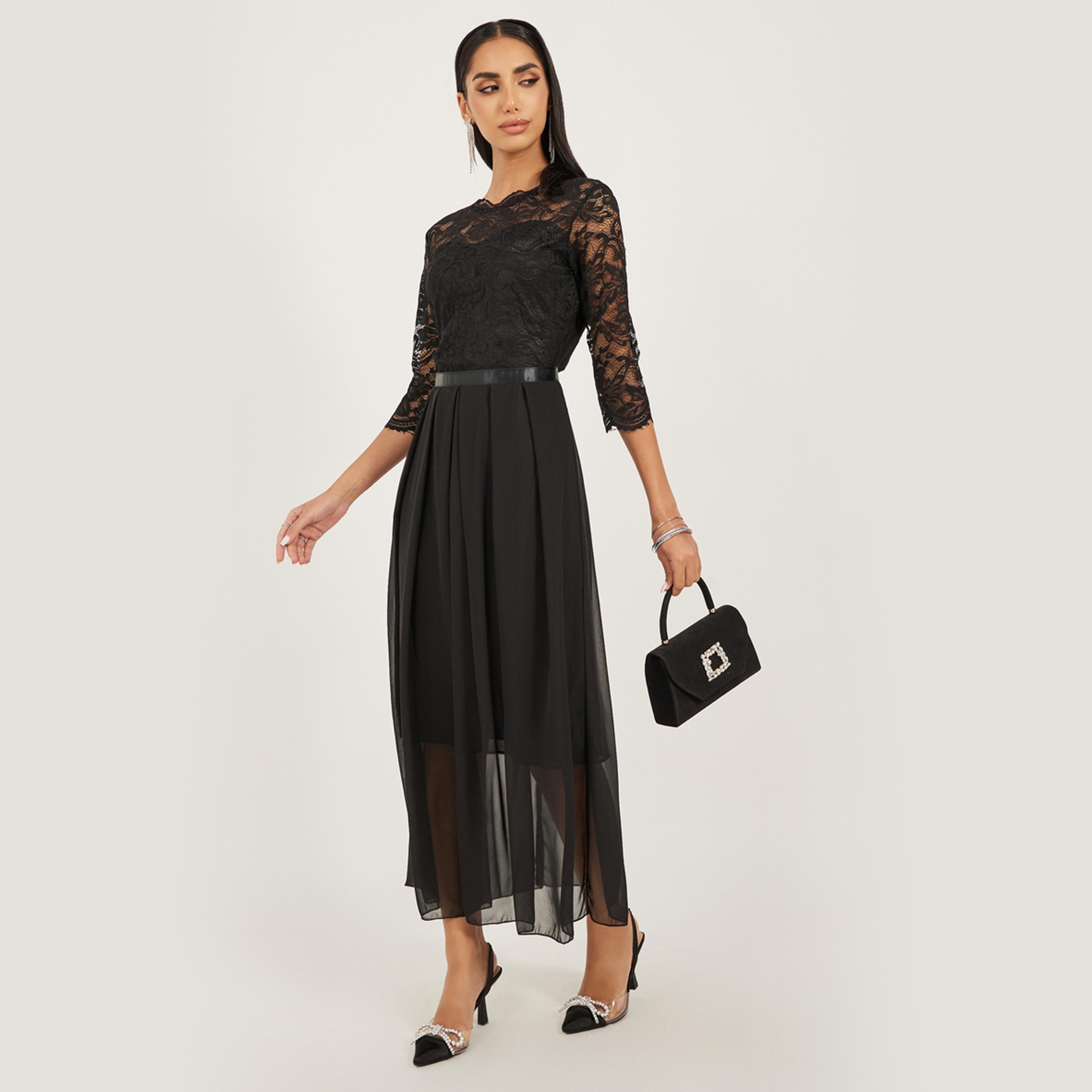 ستايلي-  فستان ماكسي أنيق من الشيفون بقصّة رقبة مستديرة وتطريز زهور-women-clothing-dresses-image-2