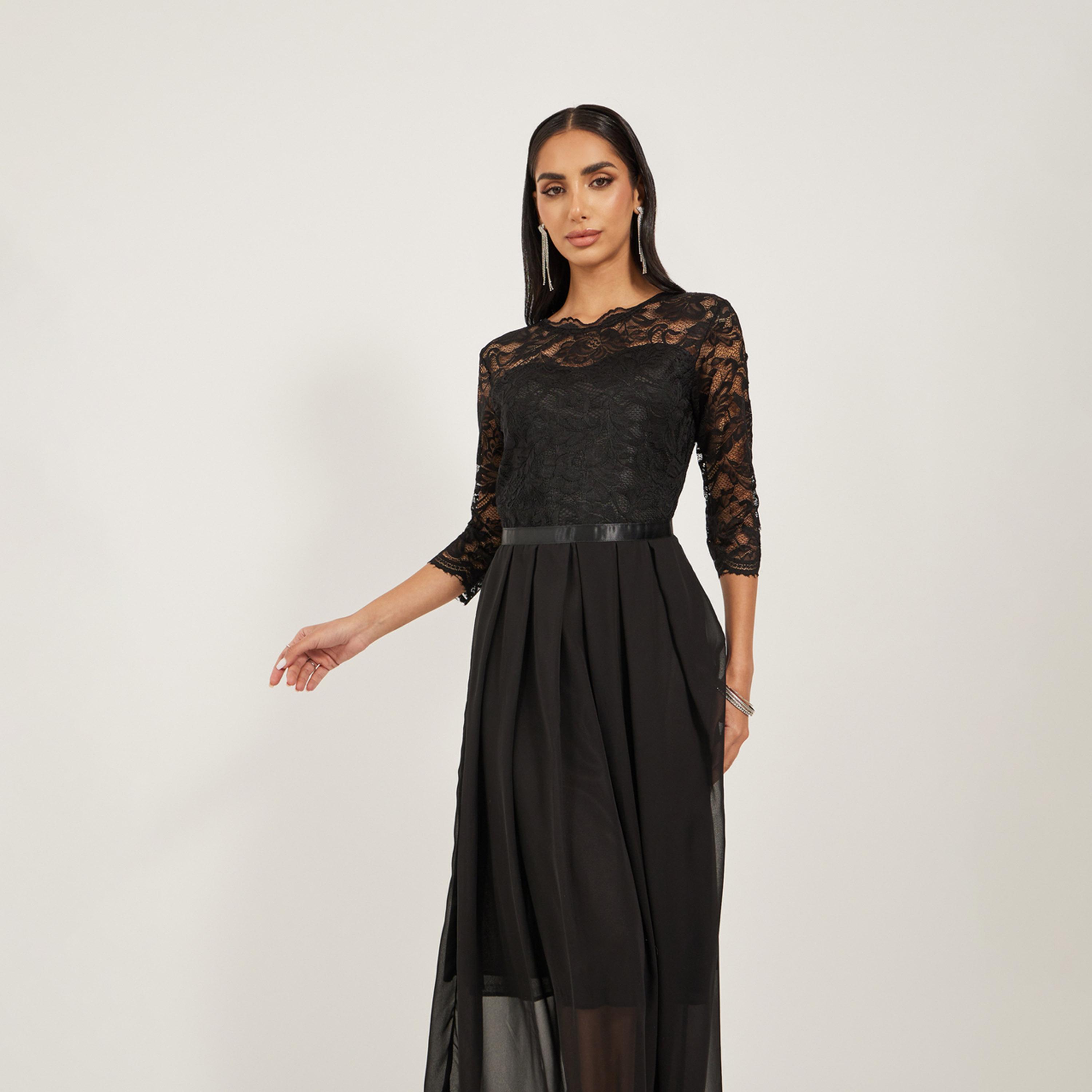 ستايلي-  فستان ماكسي أنيق من الشيفون بقصّة رقبة مستديرة وتطريز زهور-women-clothing-dresses-image-3
