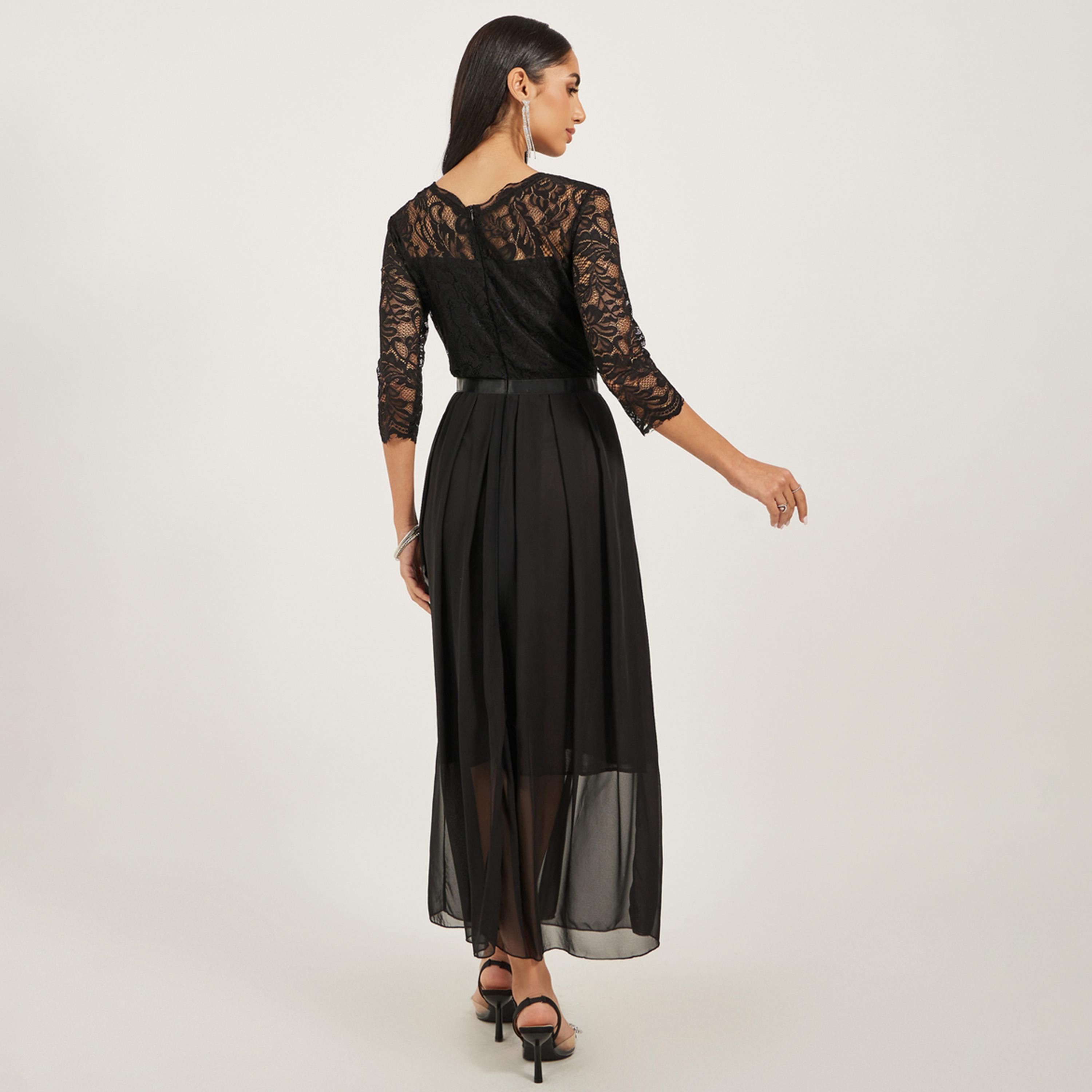 ستايلي-  فستان ماكسي أنيق من الشيفون بقصّة رقبة مستديرة وتطريز زهور-women-clothing-dresses-image-5
