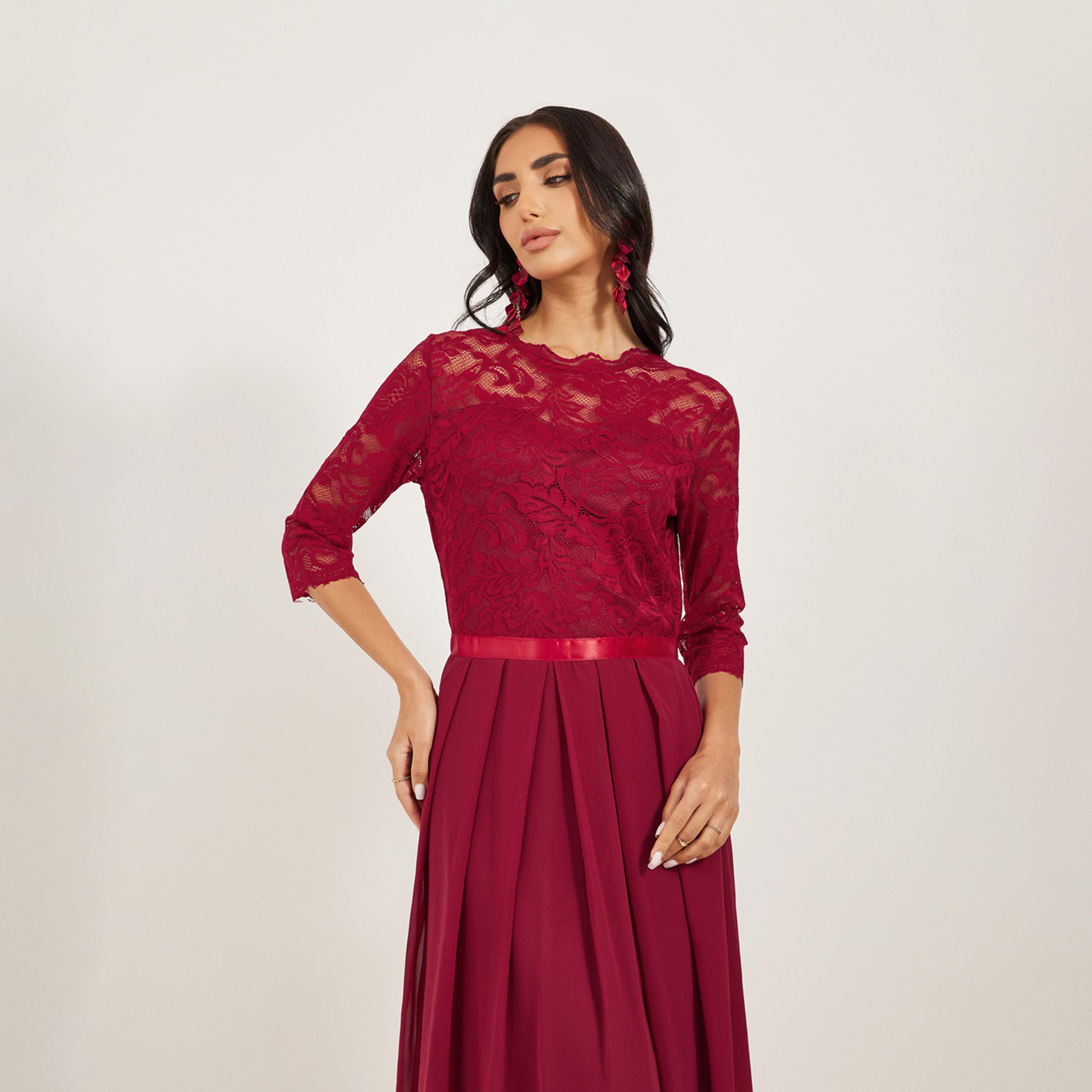 Styli Floral lace splicing chiffon round neck temperament Maxi Dresses-women-clothing-dresses-image-3