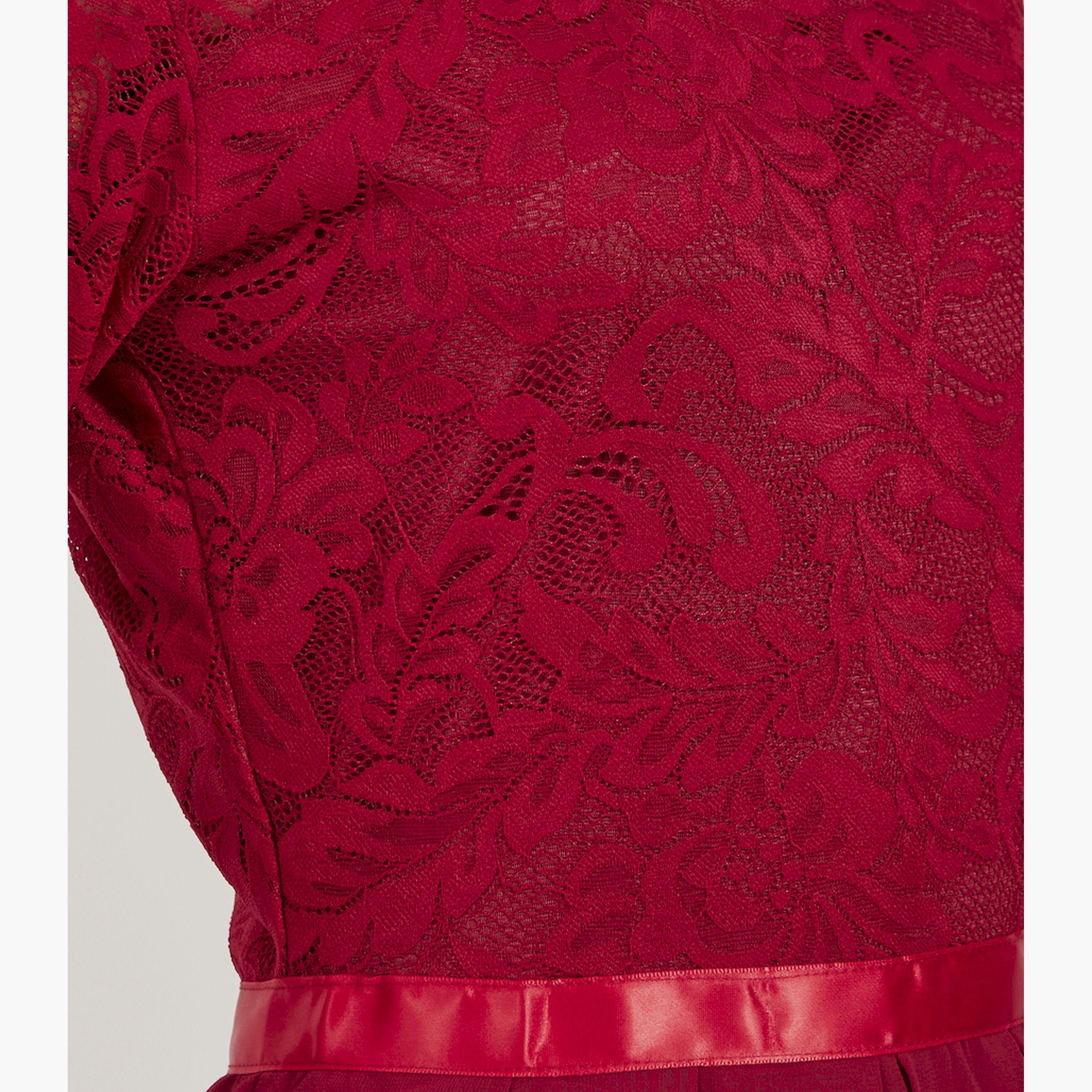 Styli Floral lace splicing chiffon round neck temperament Maxi Dresses-women-clothing-dresses-image-4