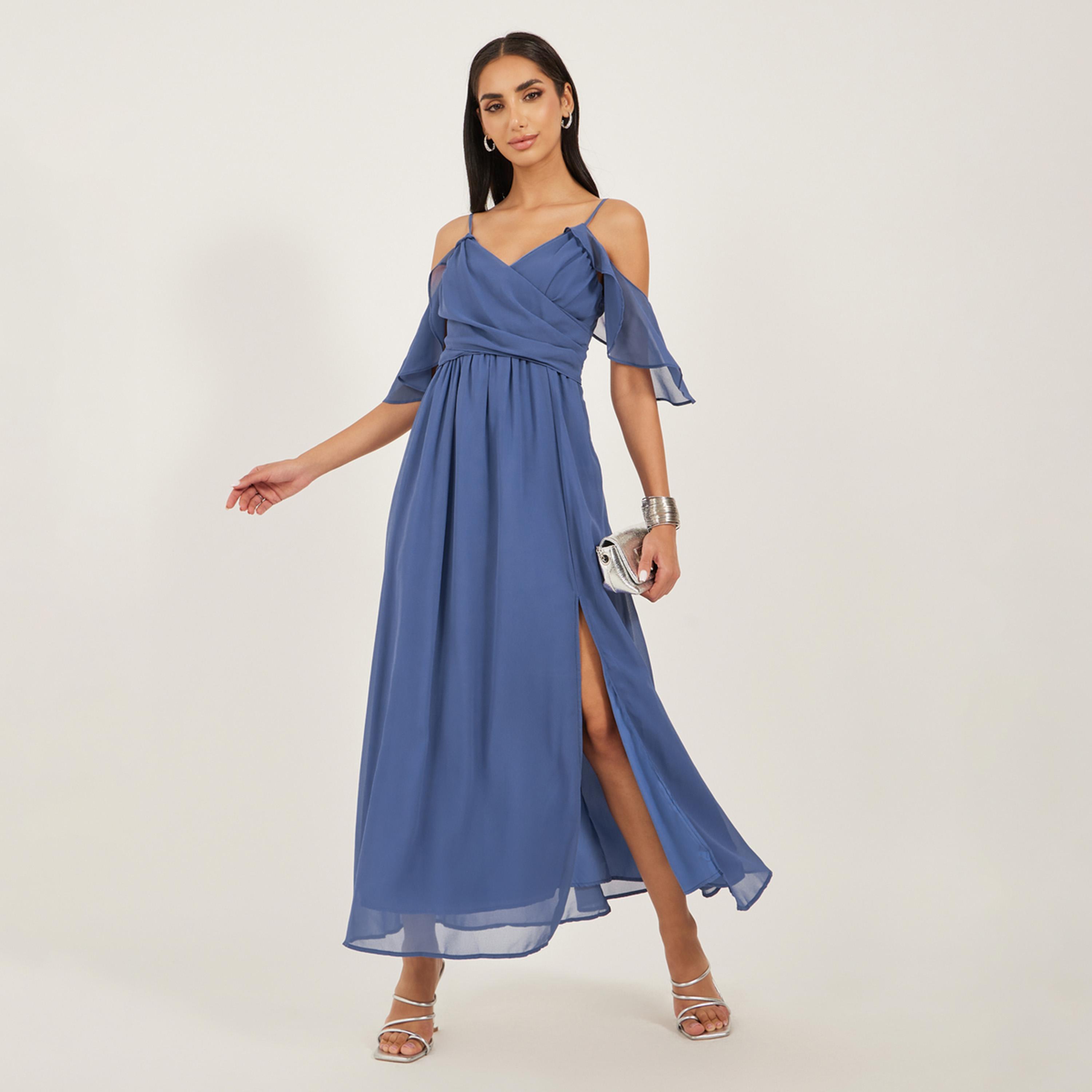 Styli Solid V Neck Cut Out Shoulder Slit Cut Maxi Dress-women-clothing-dresses-image-1