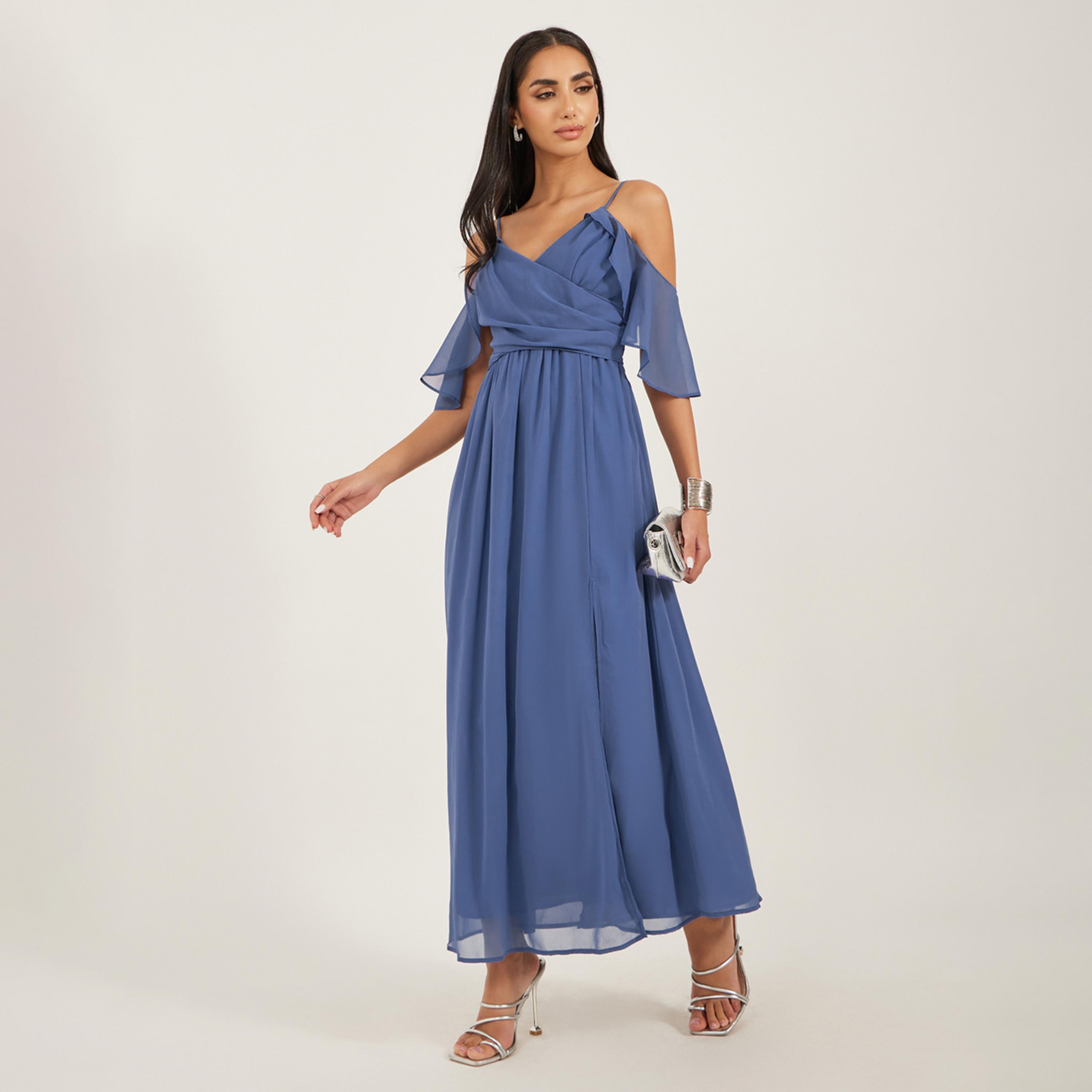 Styli Solid V Neck Cut Out Shoulder Slit Cut Maxi Dress-women-clothing-dresses-image-2