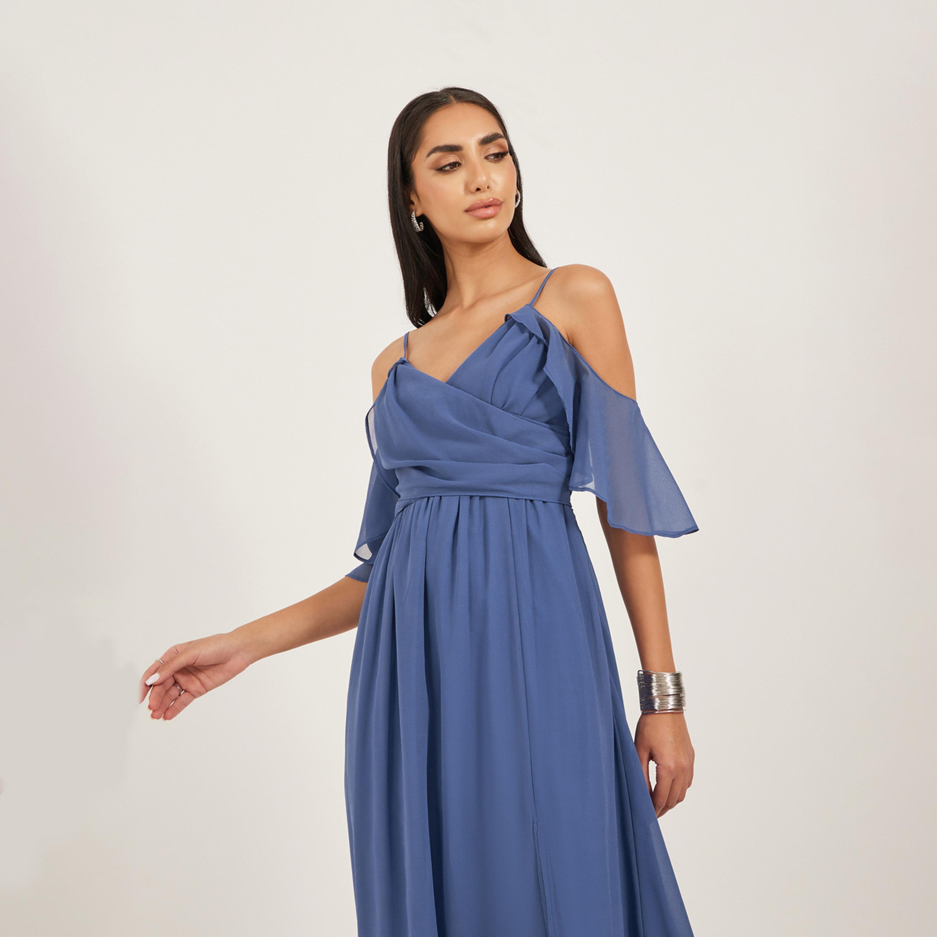 Styli Solid V Neck Cut Out Shoulder Slit Cut Maxi Dress-women-clothing-dresses-image-3