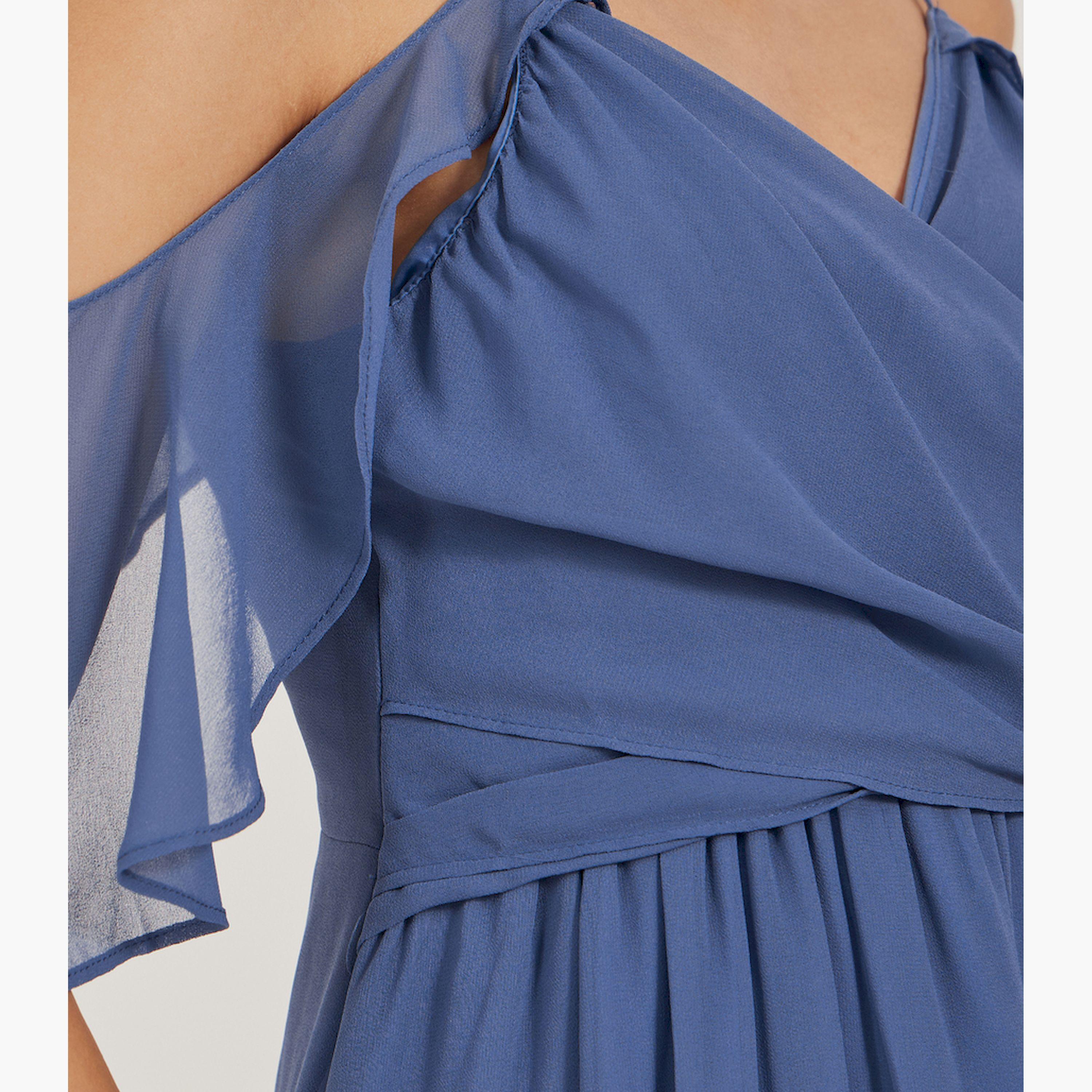 Styli Solid V Neck Cut Out Shoulder Slit Cut Maxi Dress-women-clothing-dresses-image-4