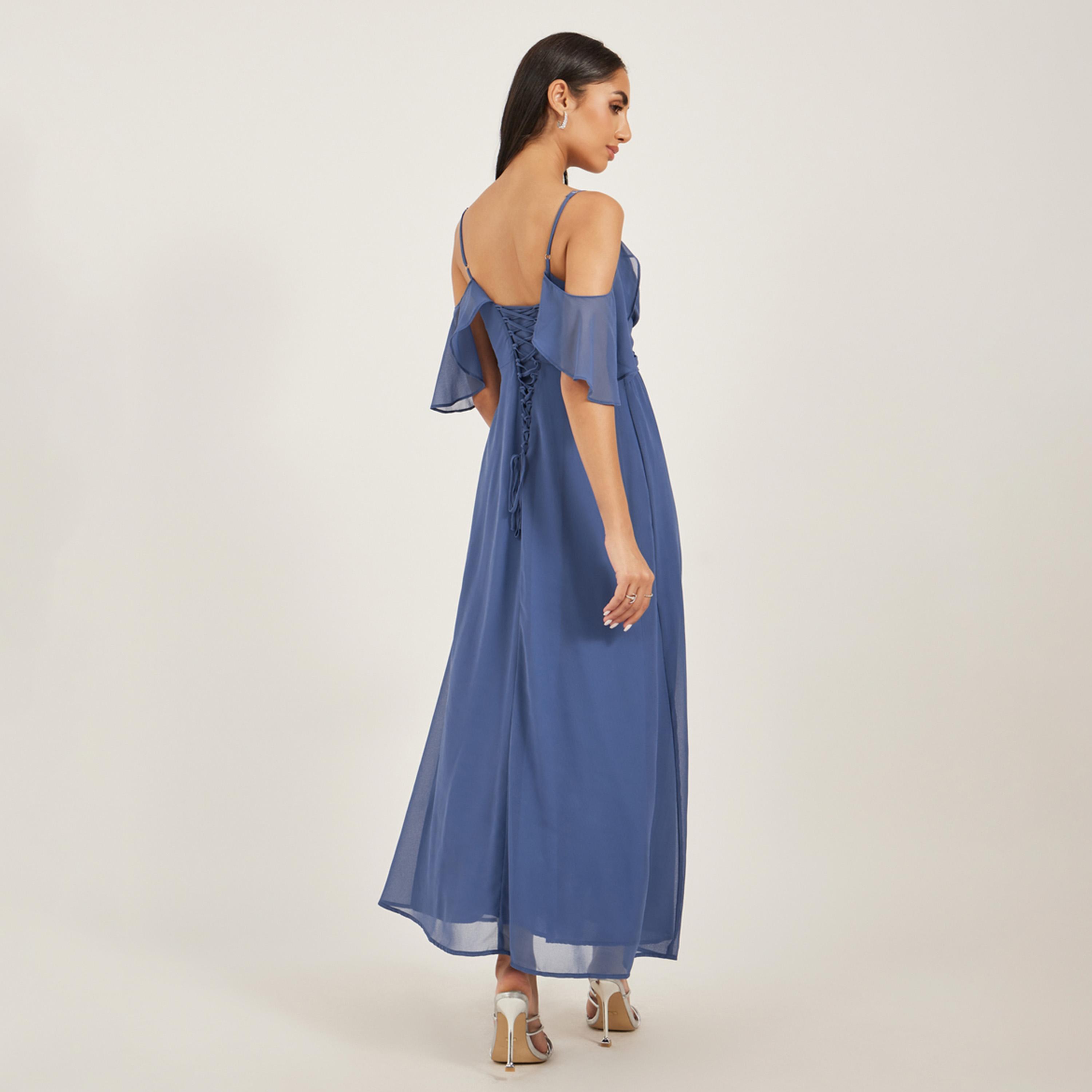 Styli Solid V Neck Cut Out Shoulder Slit Cut Maxi Dress-women-clothing-dresses-image-5