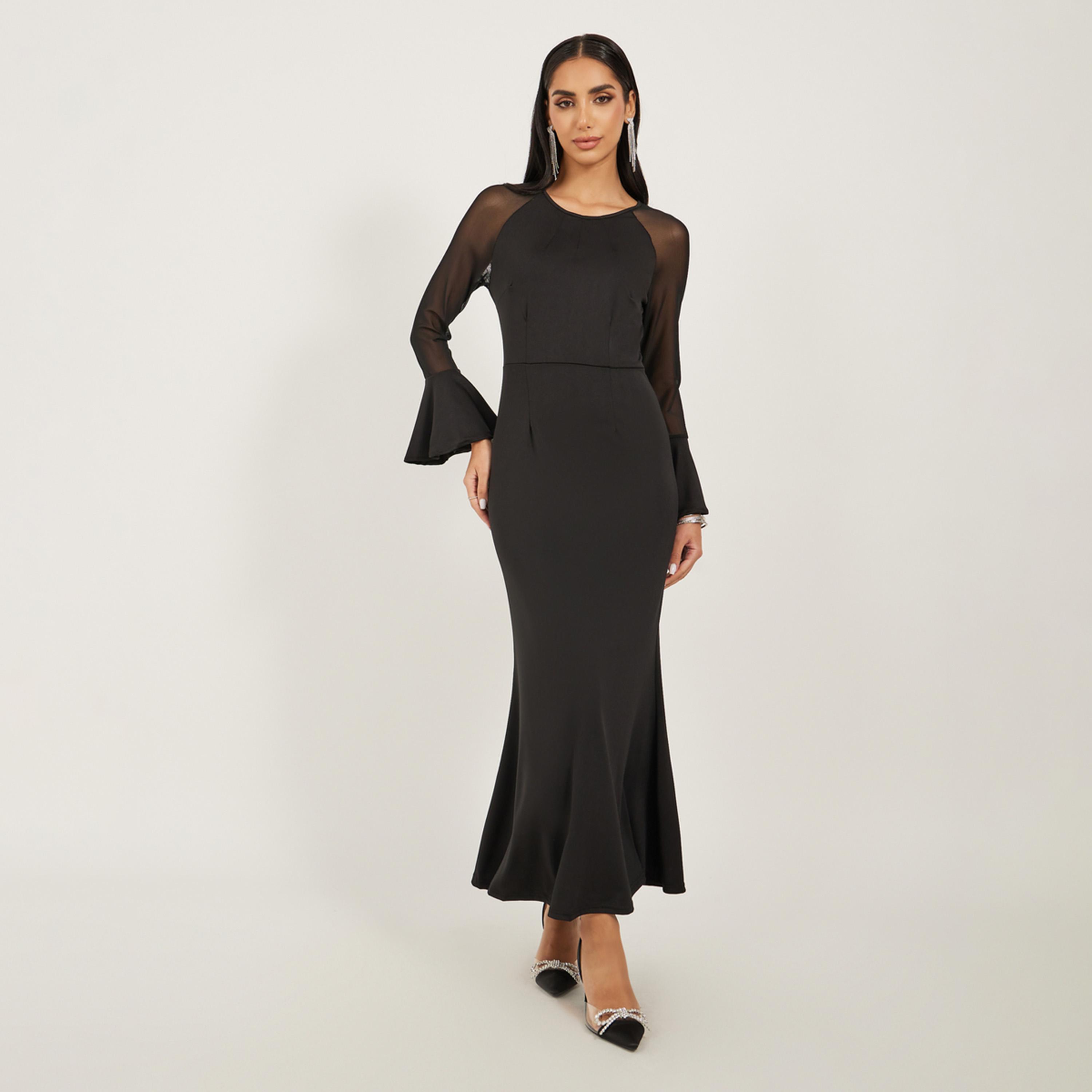 ستايلي-  فستان ضيق شبكي متباين برقبة دائرية-women-clothing-dresses-image-1