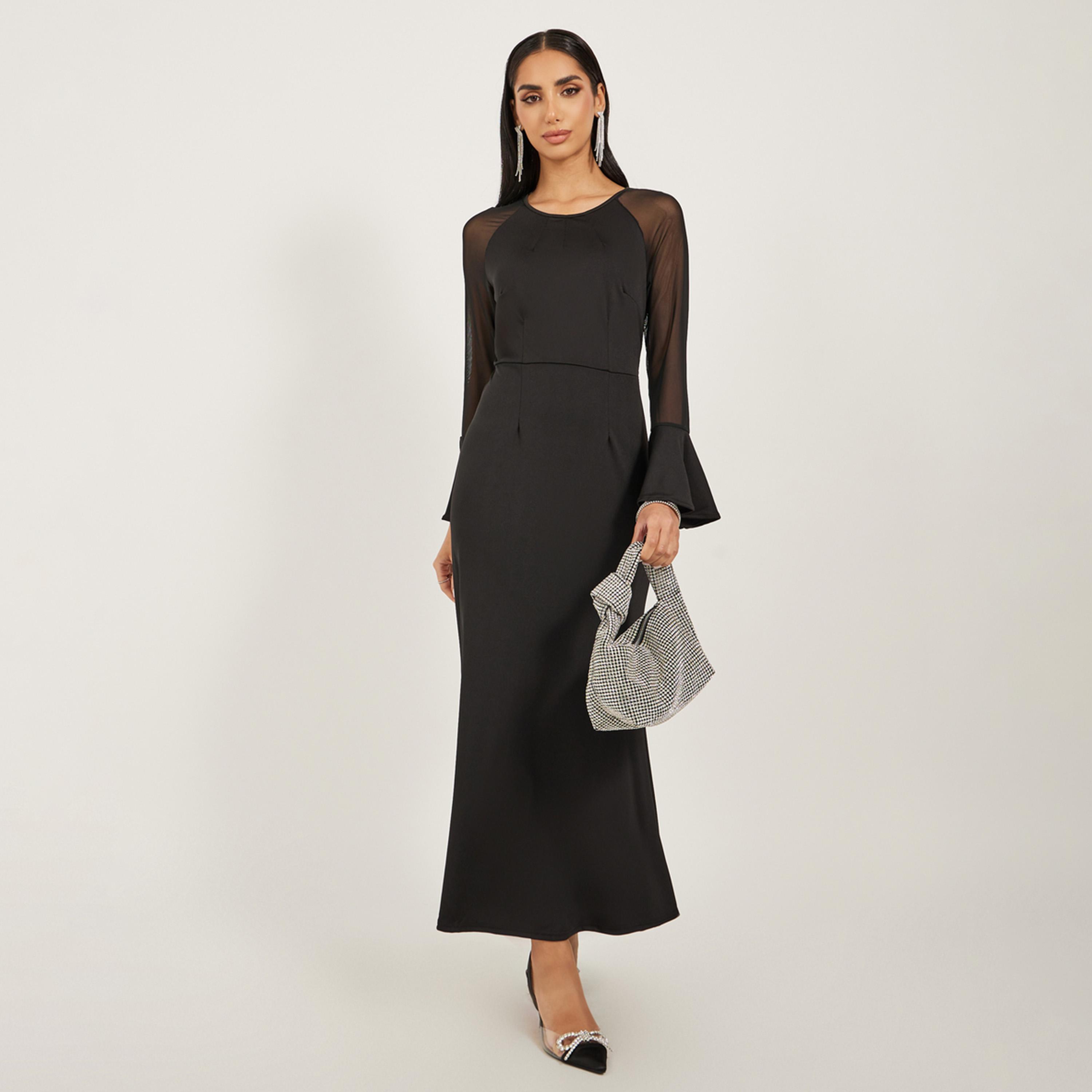 ستايلي-  فستان ضيق شبكي متباين برقبة دائرية-women-clothing-dresses-image-2