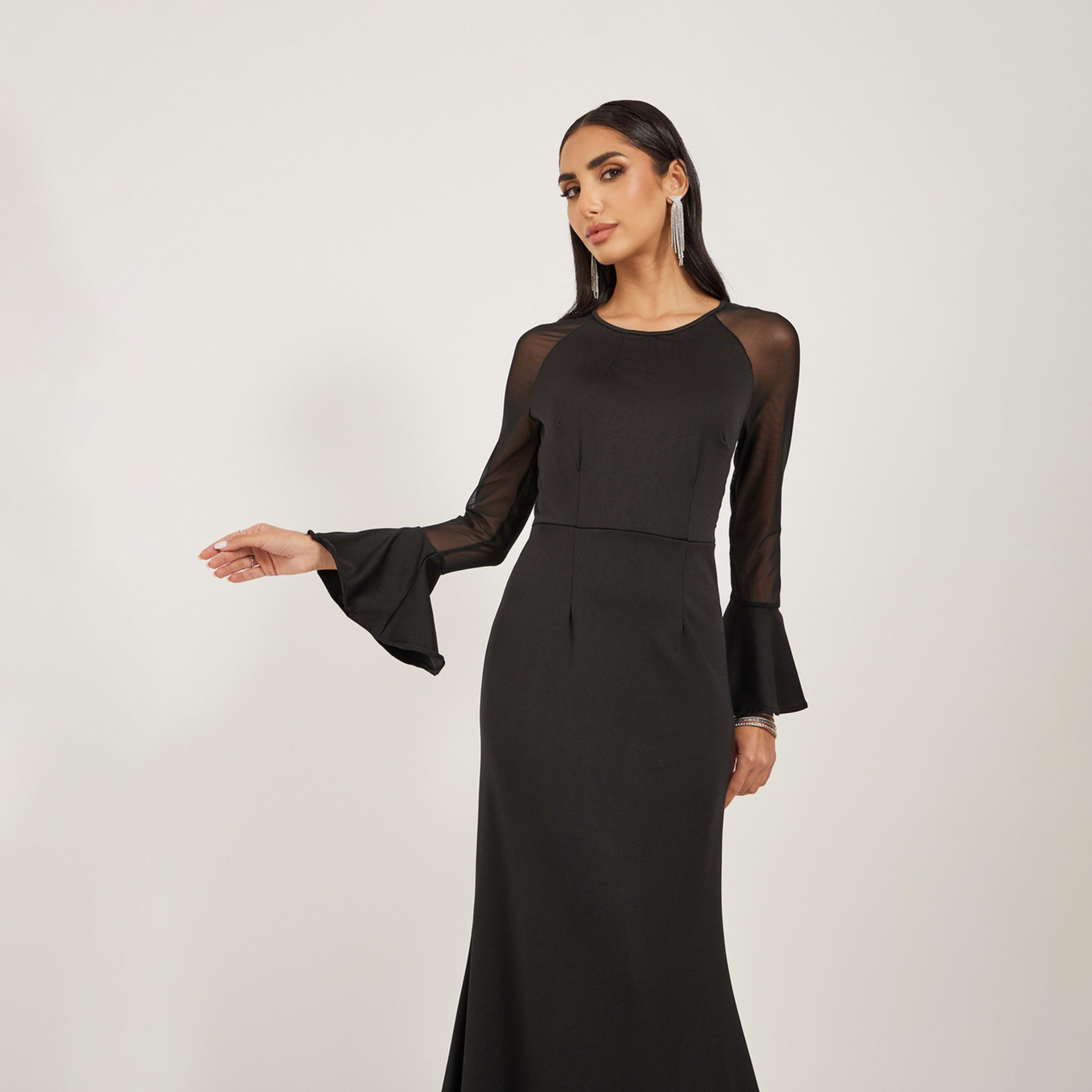 ستايلي-  فستان ضيق شبكي متباين برقبة دائرية-women-clothing-dresses-image-3