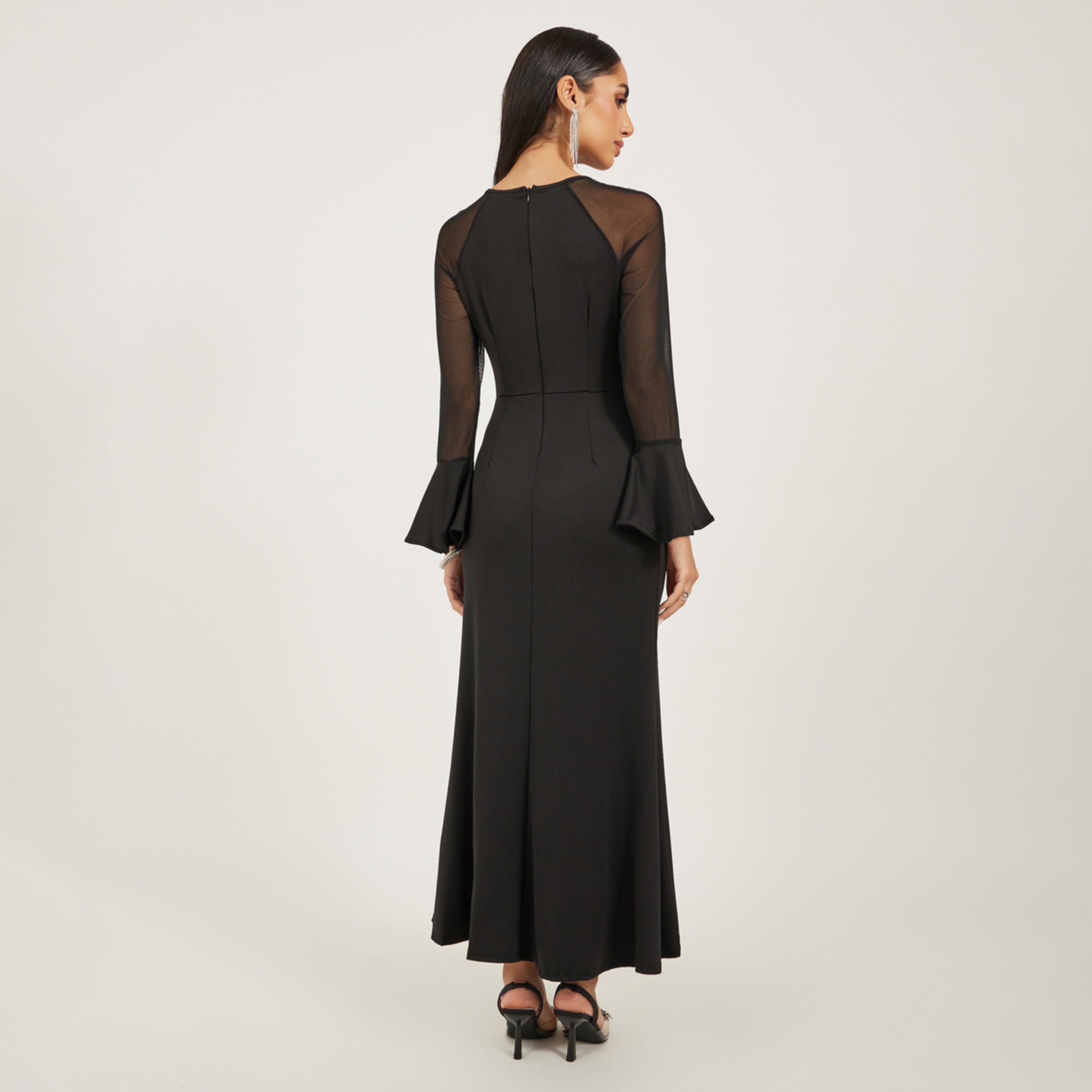 Styli Mesh Contrast Round Neck Maxi Bodycon-women-clothing-dresses-image-5