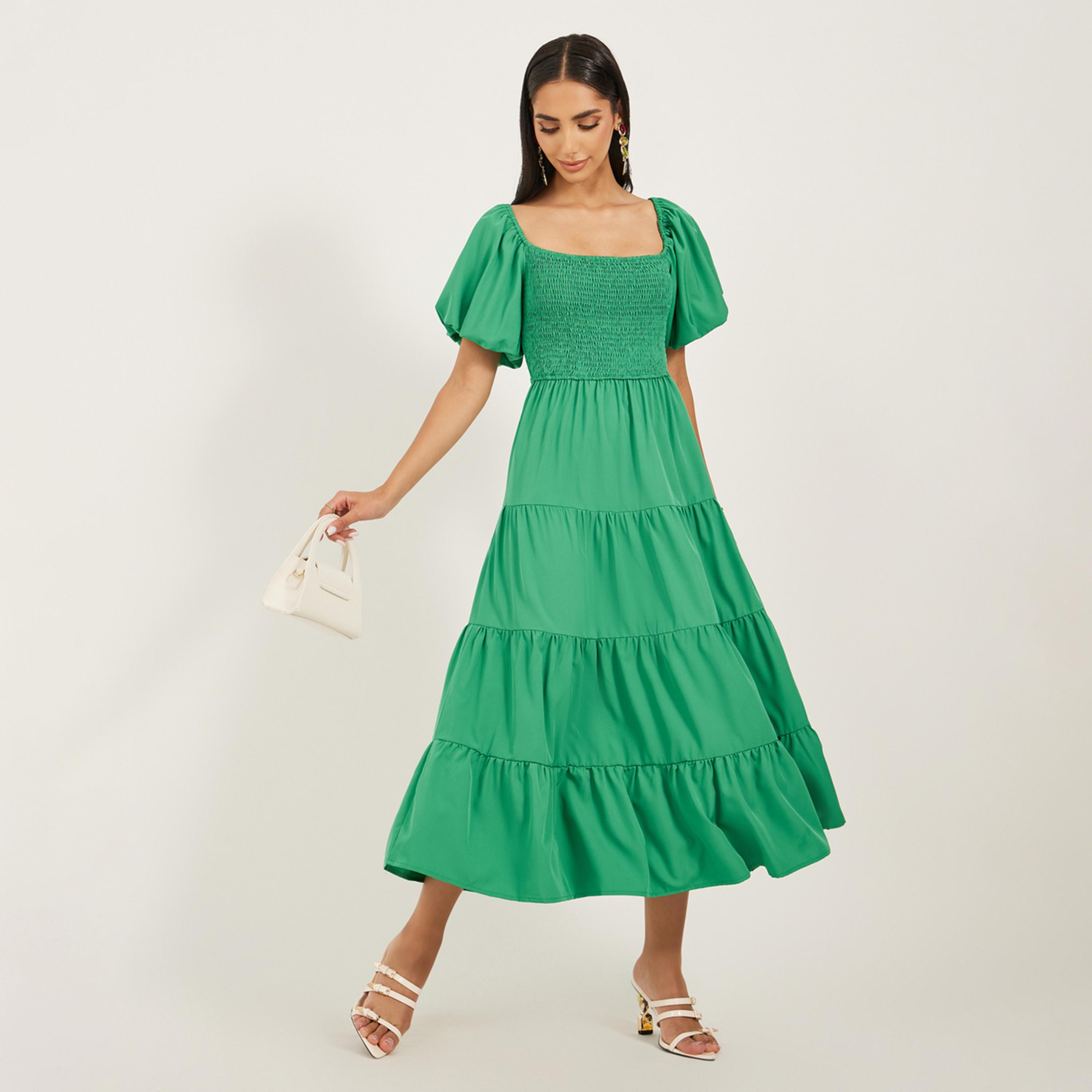 Styli Smocking Detail Puff Sleeve Midi Tiered Dress-women-clothing-dresses-image-1