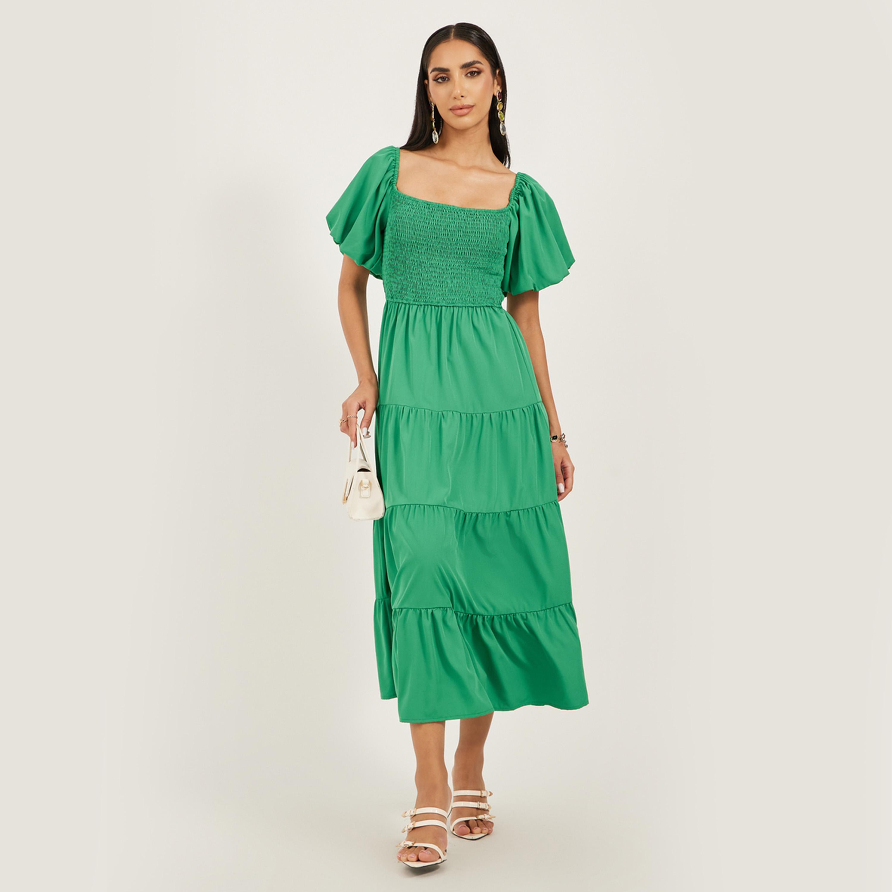 Styli Smocking Detail Puff Sleeve Midi Tiered Dress-women-clothing-dresses-image-2