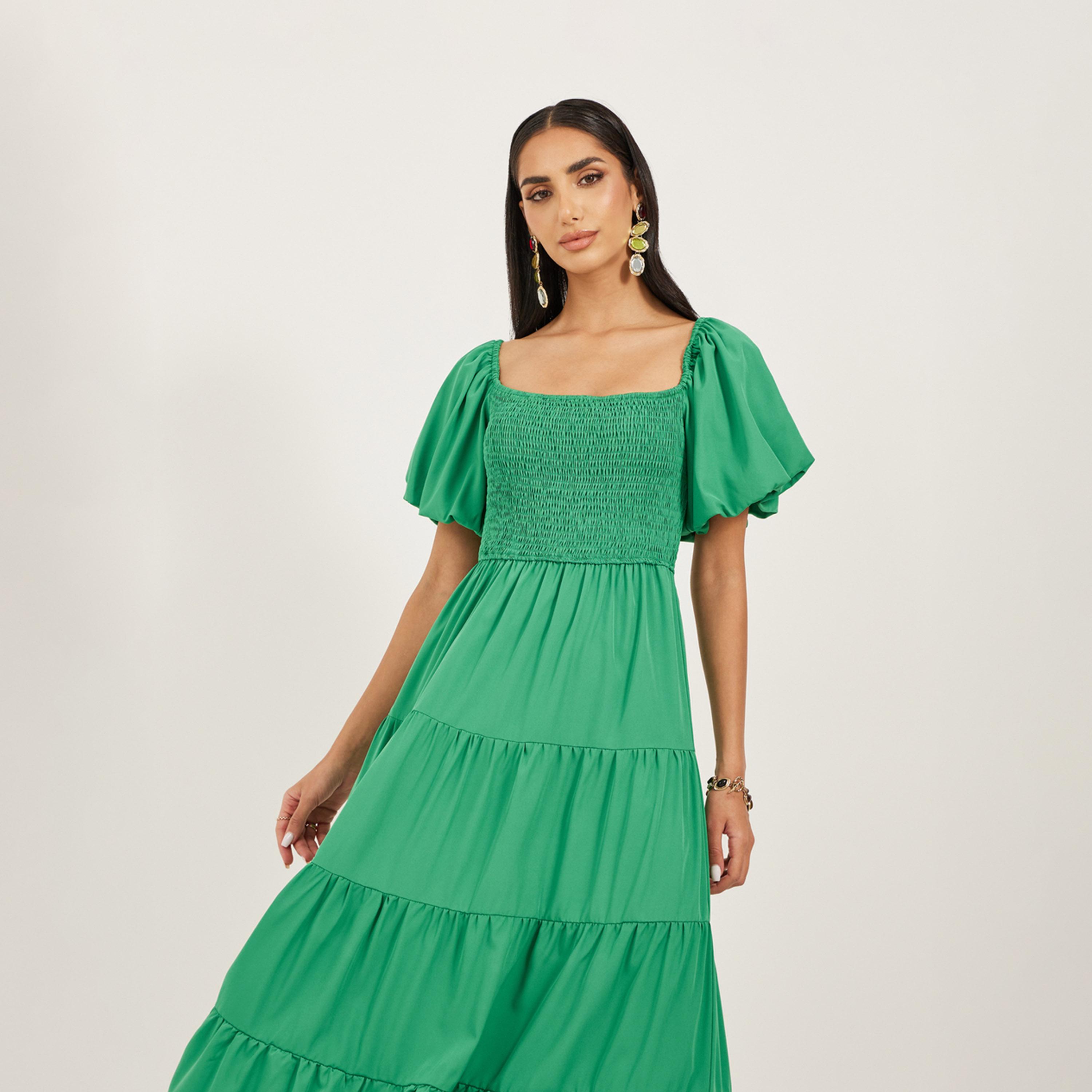 ستايلي - فستان طبقات متوسط الطول بأكمام منتفخة وتفاصيل تطريز-women-clothing-dresses-image-3