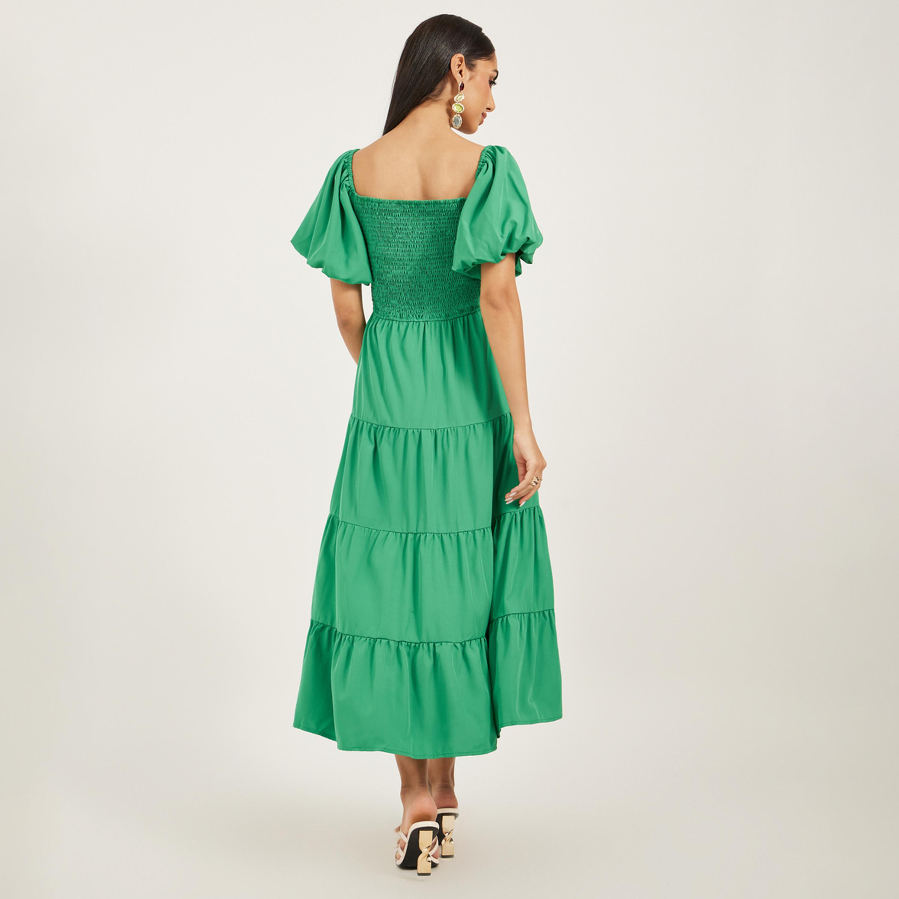 ستايلي - فستان طبقات متوسط الطول بأكمام منتفخة وتفاصيل تطريز-women-clothing-dresses-image-5