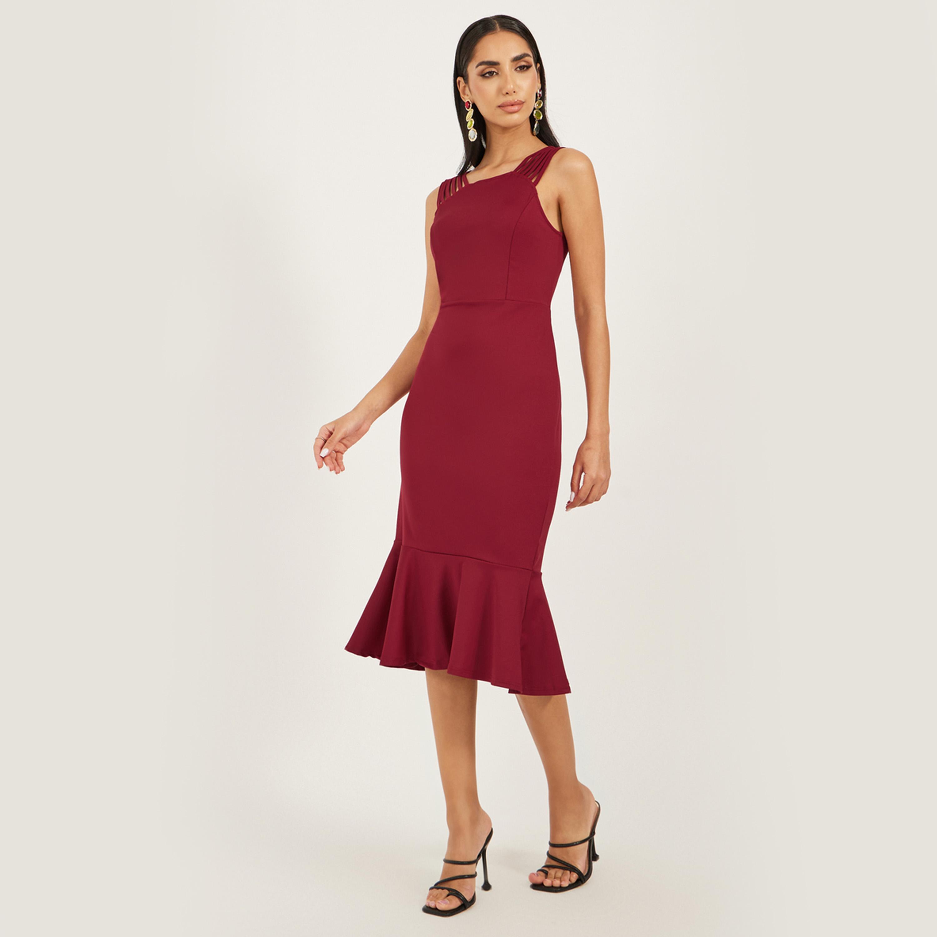 Styli Neck Cross Detail Solid Sleeveless Mermaid Midi Dress-women-clothing-dresses-image-2
