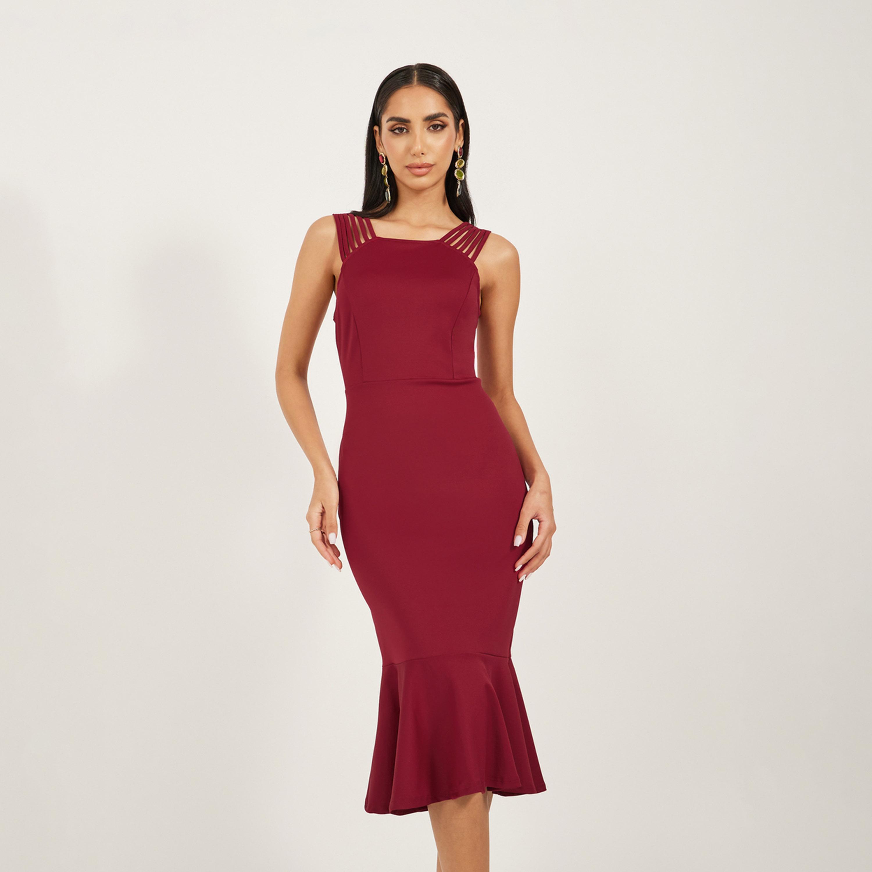 Styli Neck Cross Detail Solid Sleeveless Mermaid Midi Dress-women-clothing-dresses-image-3
