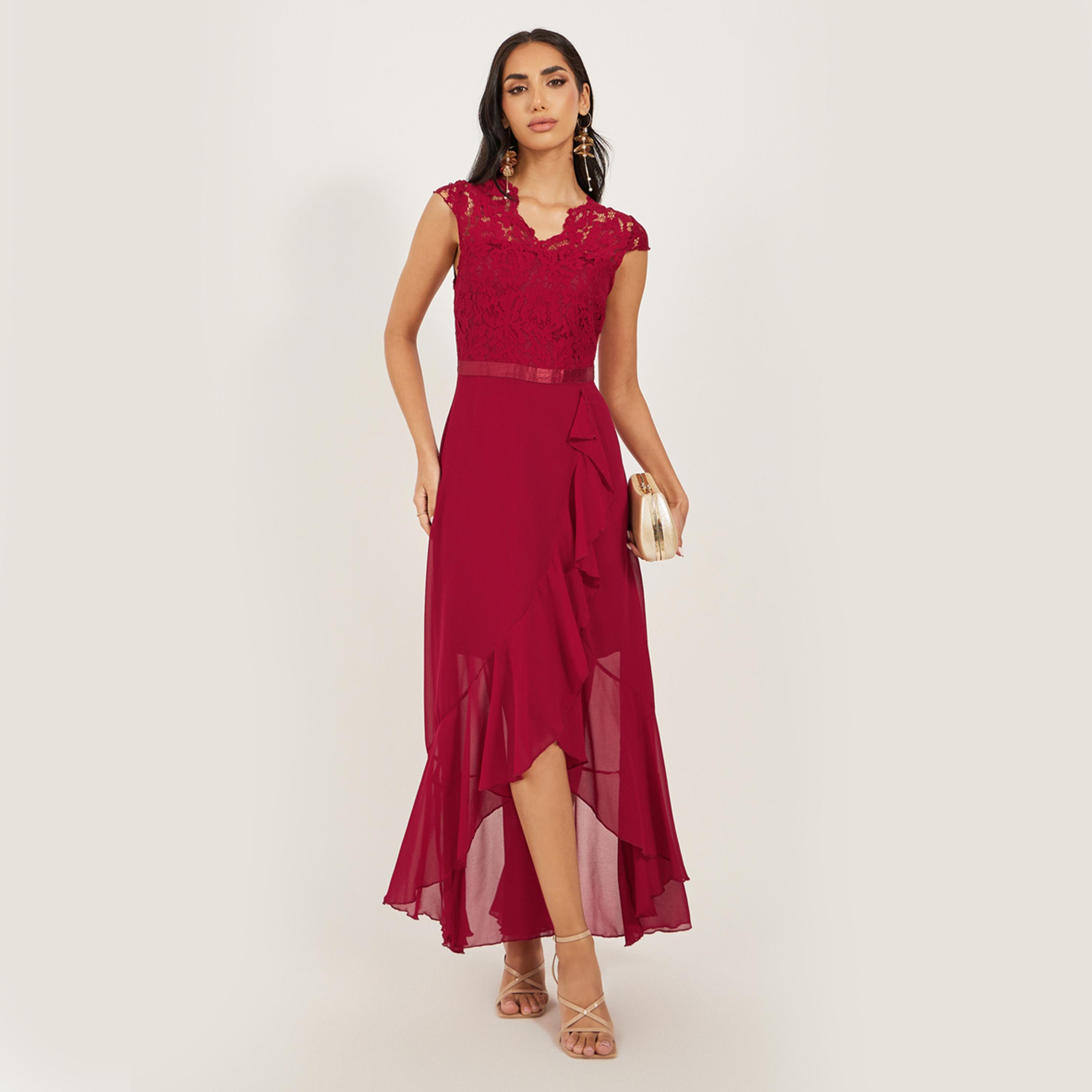 Styli Lace Swap Edge Chiffon Split Midi Dress-women-clothing-dresses-image-2
