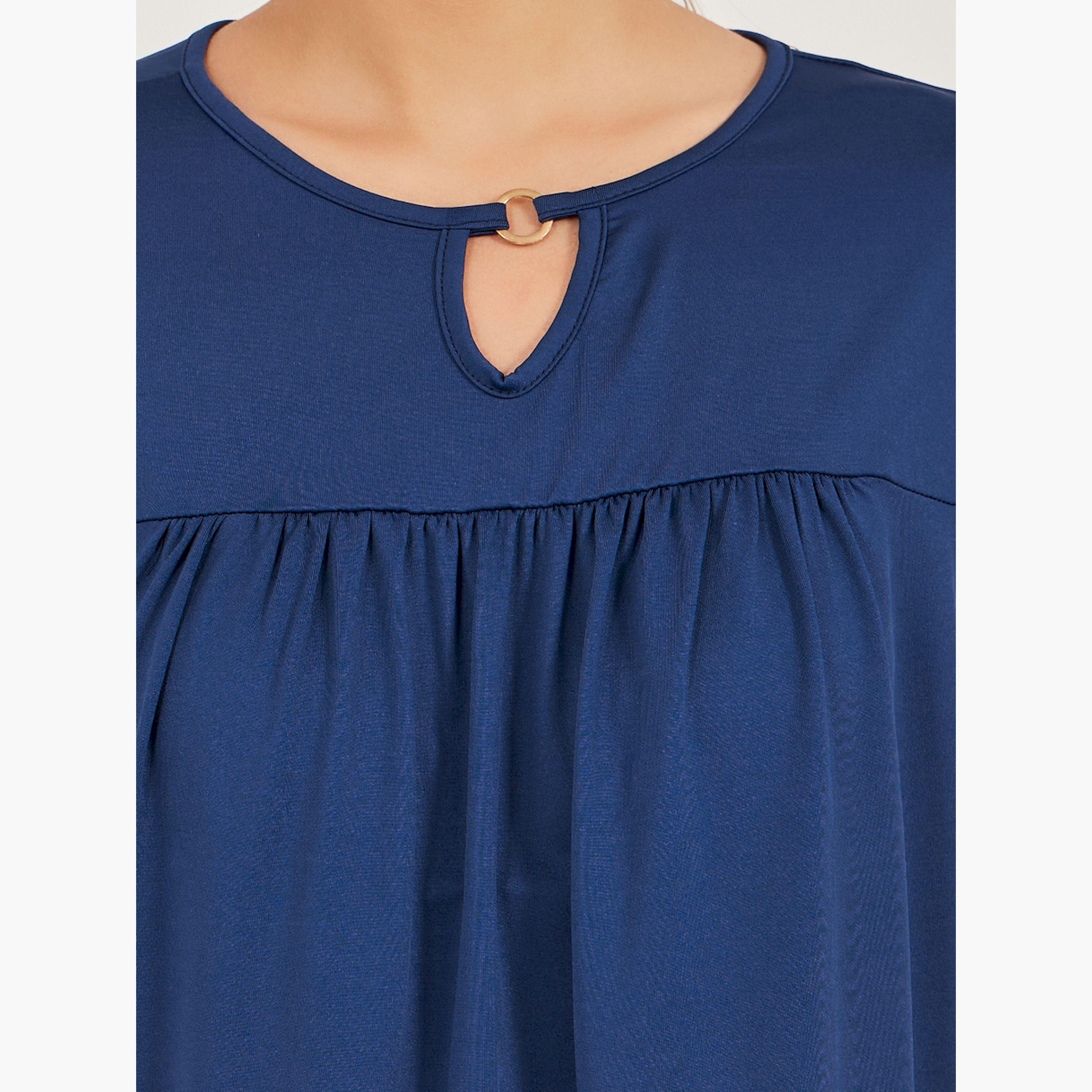 Styli Keyhole Neck Pleated Short Sleeve T-Shirt-women-clothing-tshirts-image-5