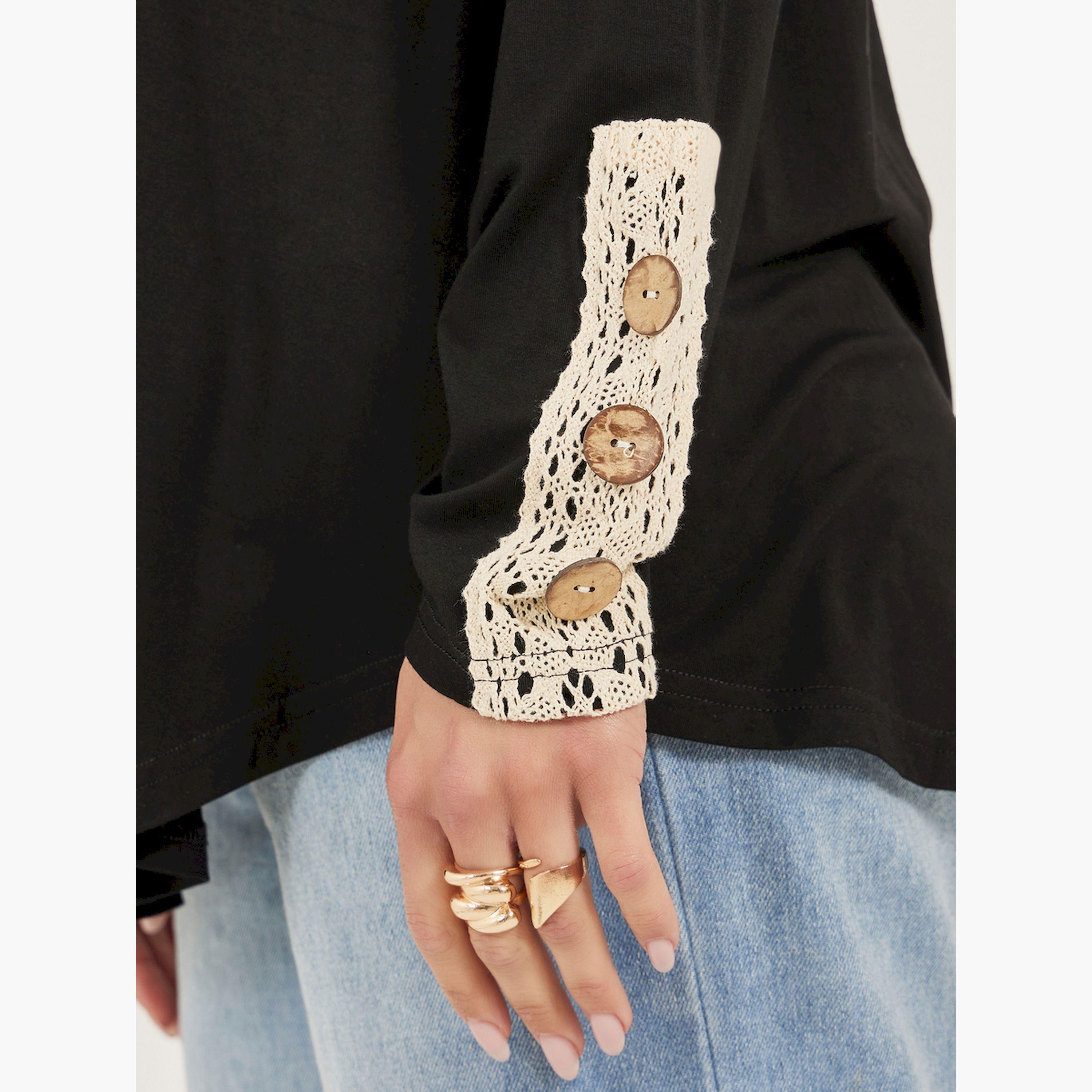 ستايلي -  تي شيرت بأكمام طويلة وياقة مستديرة وتفاصيل دانتيل-women-clothing-tshirts-image-4