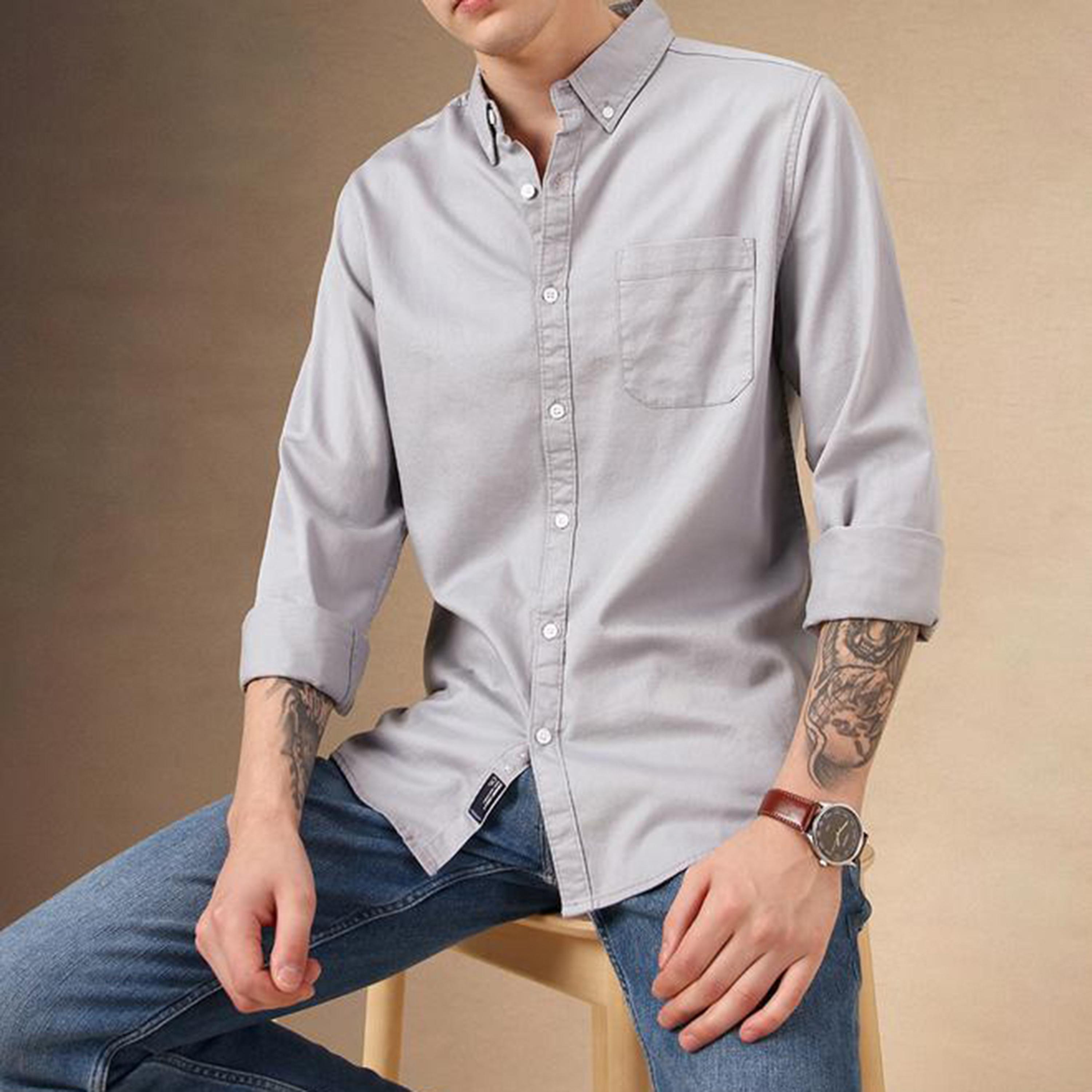 دينيس لينغو × ستايلي - قميص سادة بقصة مريحة بياقة واسعة مع جيب-men-clothing-shirts-image-1