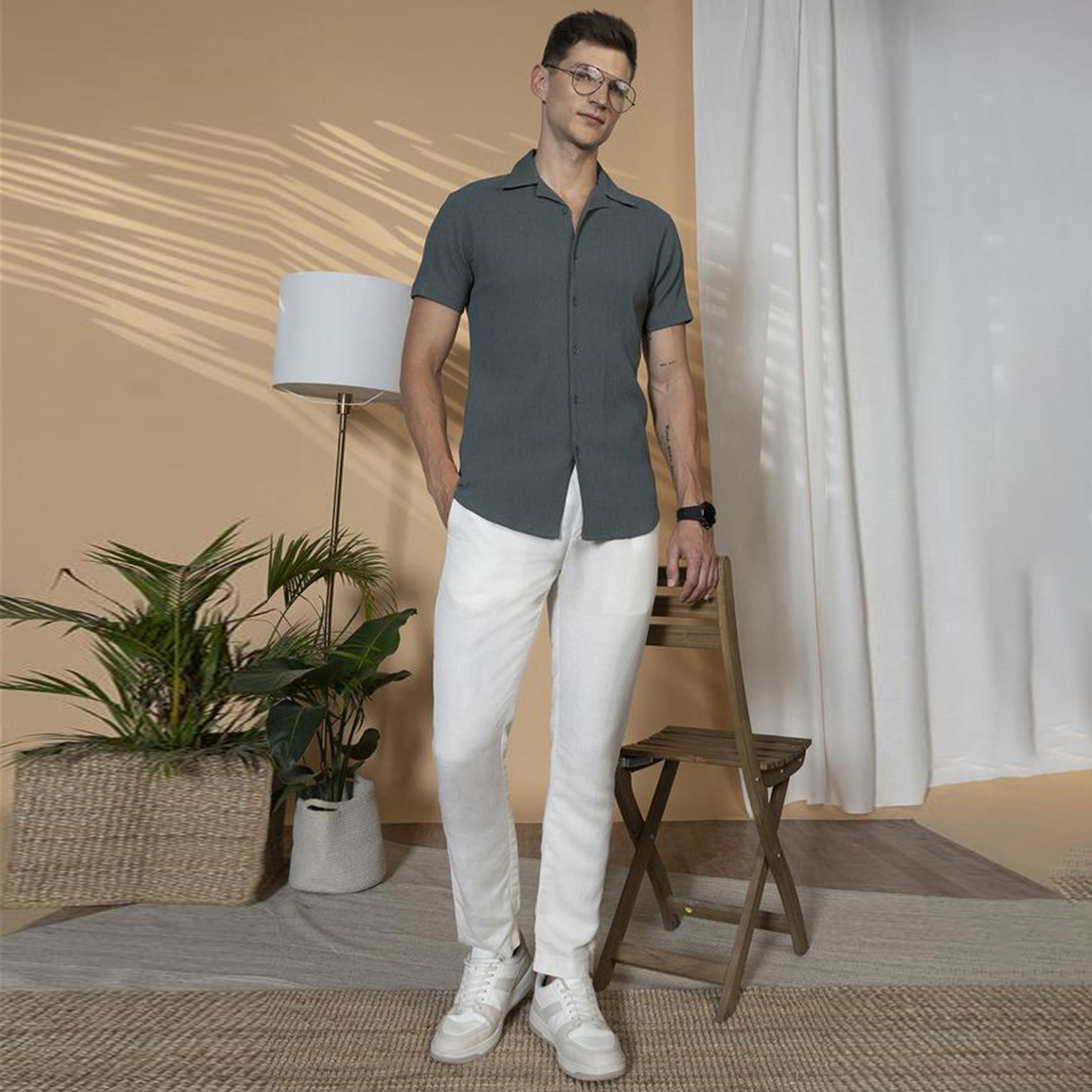 دينيس لينغو × ستايلي - قميص سادة بقصة مريحة بياقة واسعة-men-clothing-shirts-image-5