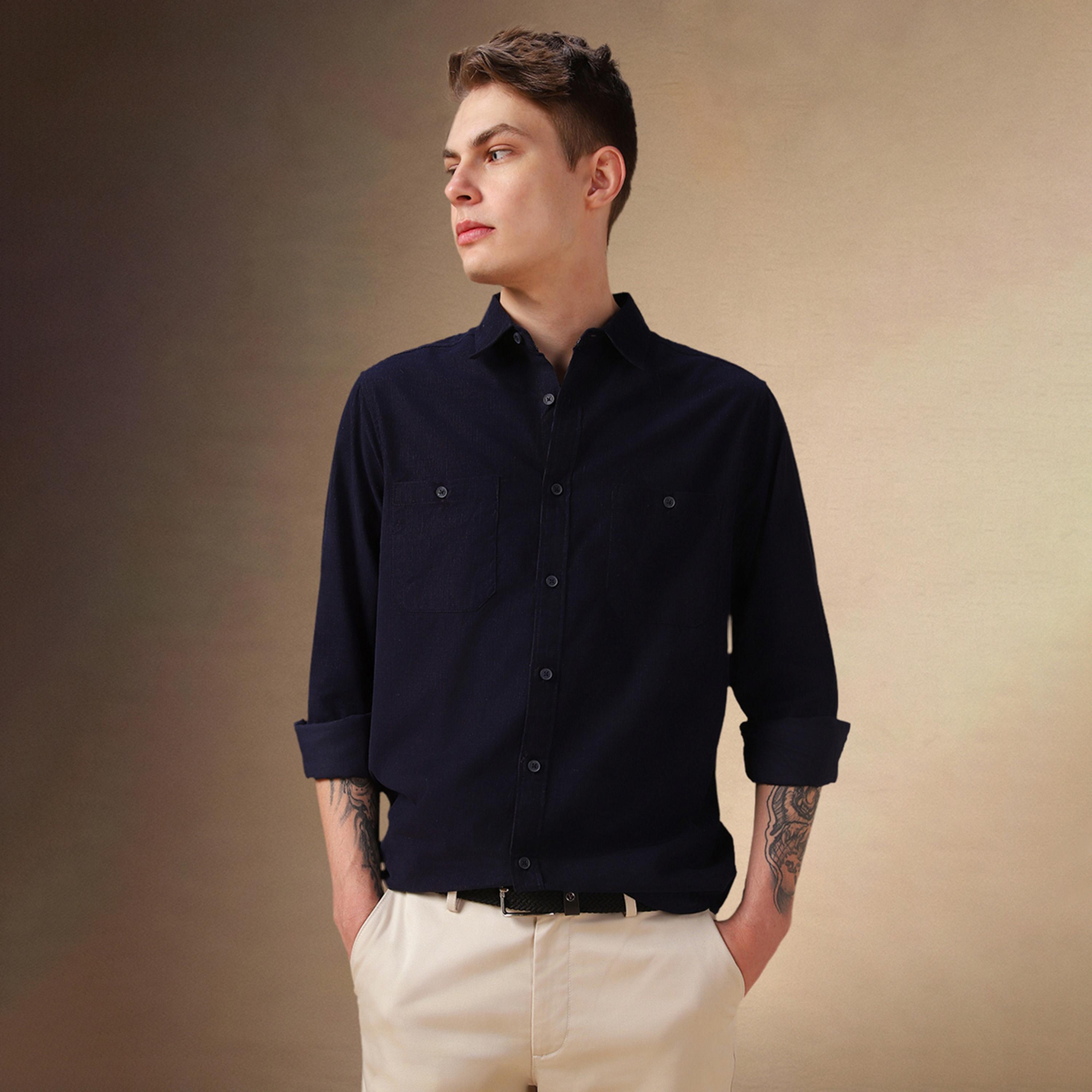 Dennis Lingo X Styli Solid Relaxed Fit Spread Collar Curved Hem Shirt-men-clothing-shirts-image-1