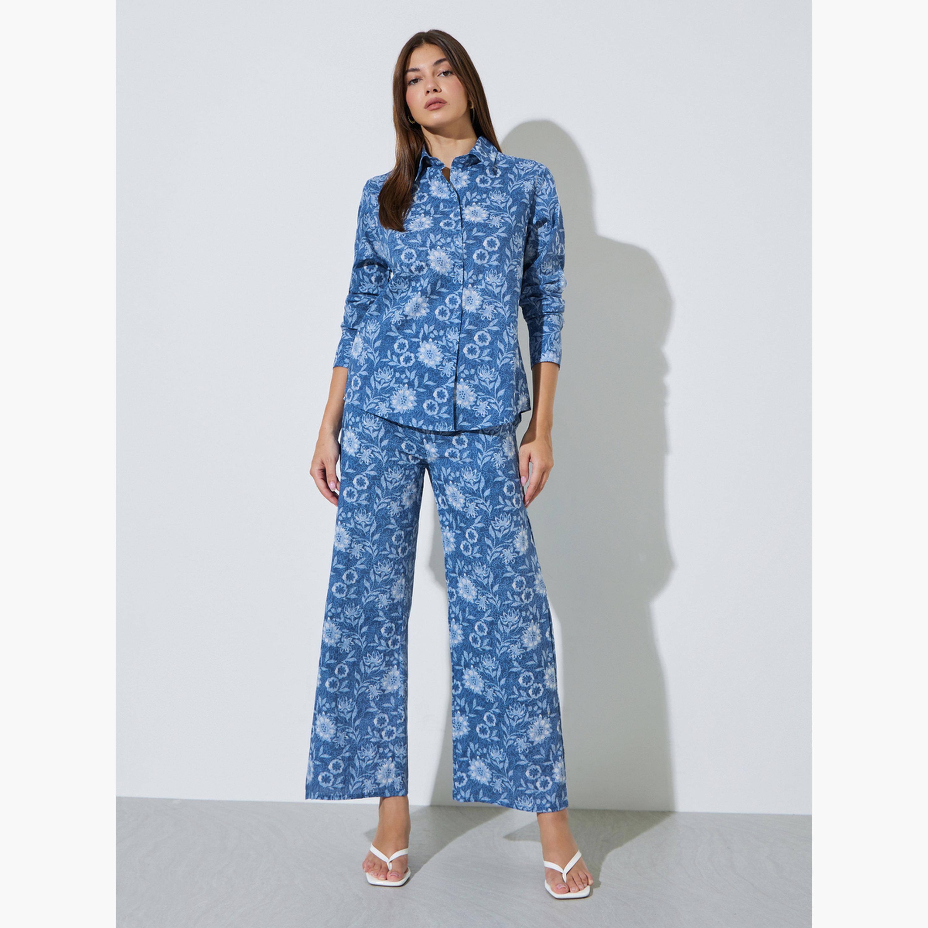 Styli Blue All Over Print Cotton Shirt and Pants Co-Ords Set-women-clothing-coordsets-image-1