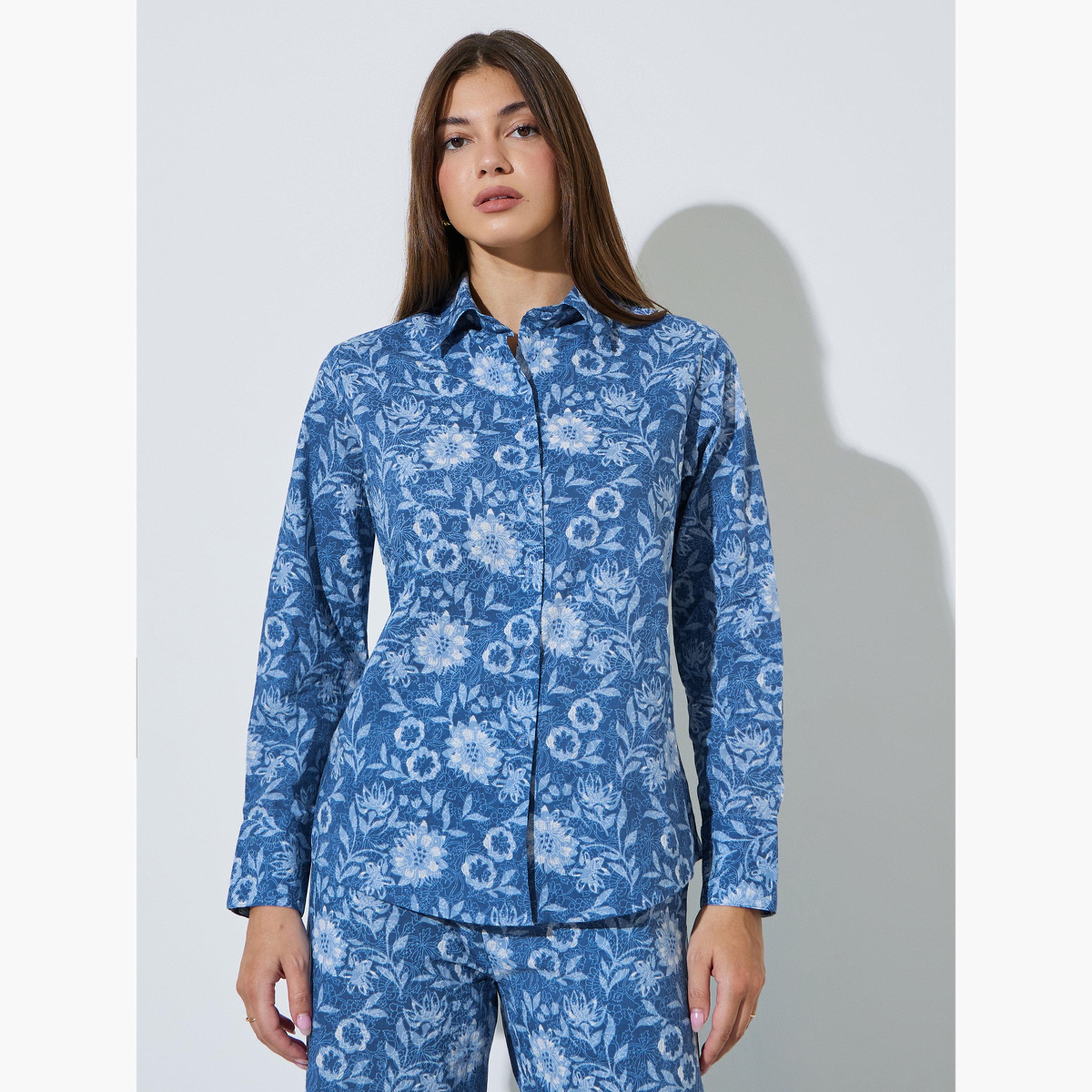 Styli Blue All Over Print Cotton Shirt and Pants Co-Ords Set-women-clothing-coordsets-image-2