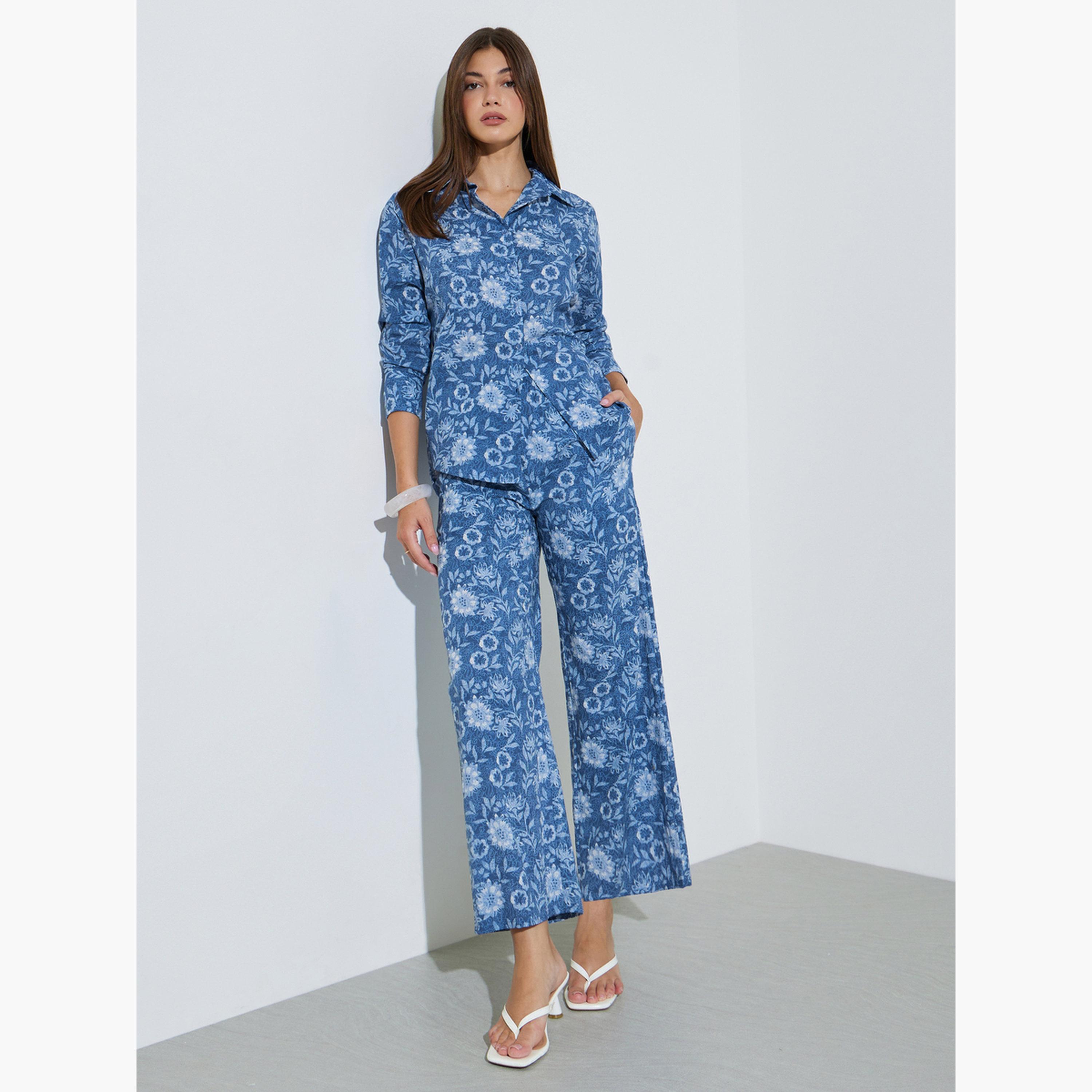 Styli Blue All Over Print Cotton Shirt and Pants Co-Ords Set-women-clothing-coordsets-image-3