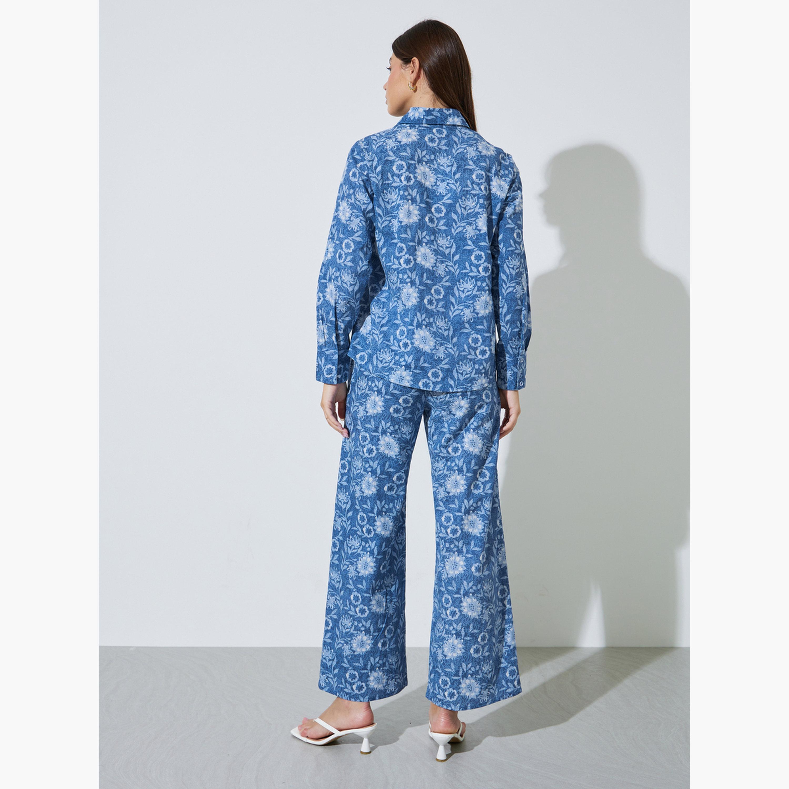 Styli Blue All Over Print Cotton Shirt and Pants Co-Ords Set-women-clothing-coordsets-image-4