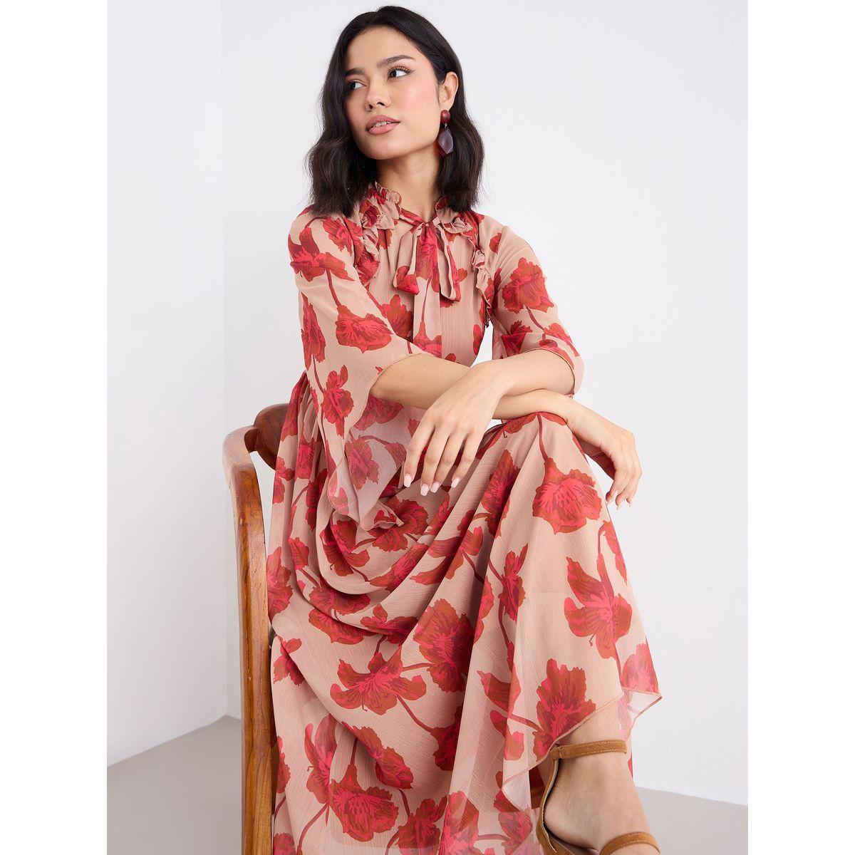 فستان طويل بطبعة زهور بتفاصيل ياقة بأربطة-women-clothing-dresses-image-1