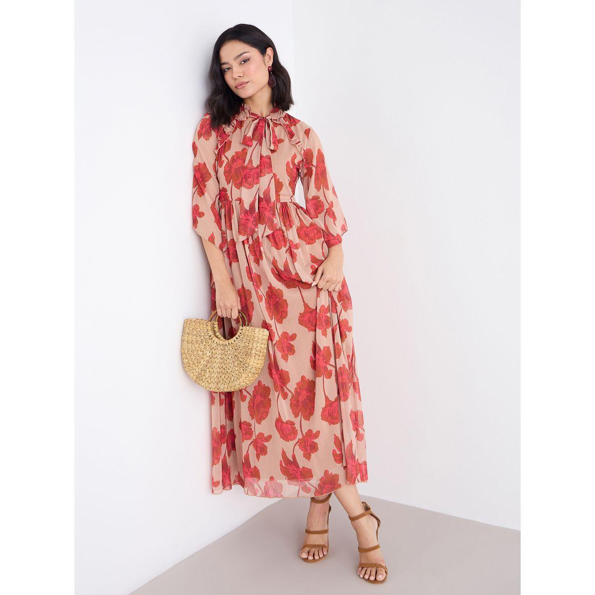 فستان طويل بطبعة زهور بتفاصيل ياقة بأربطة-women-clothing-dresses-image-2