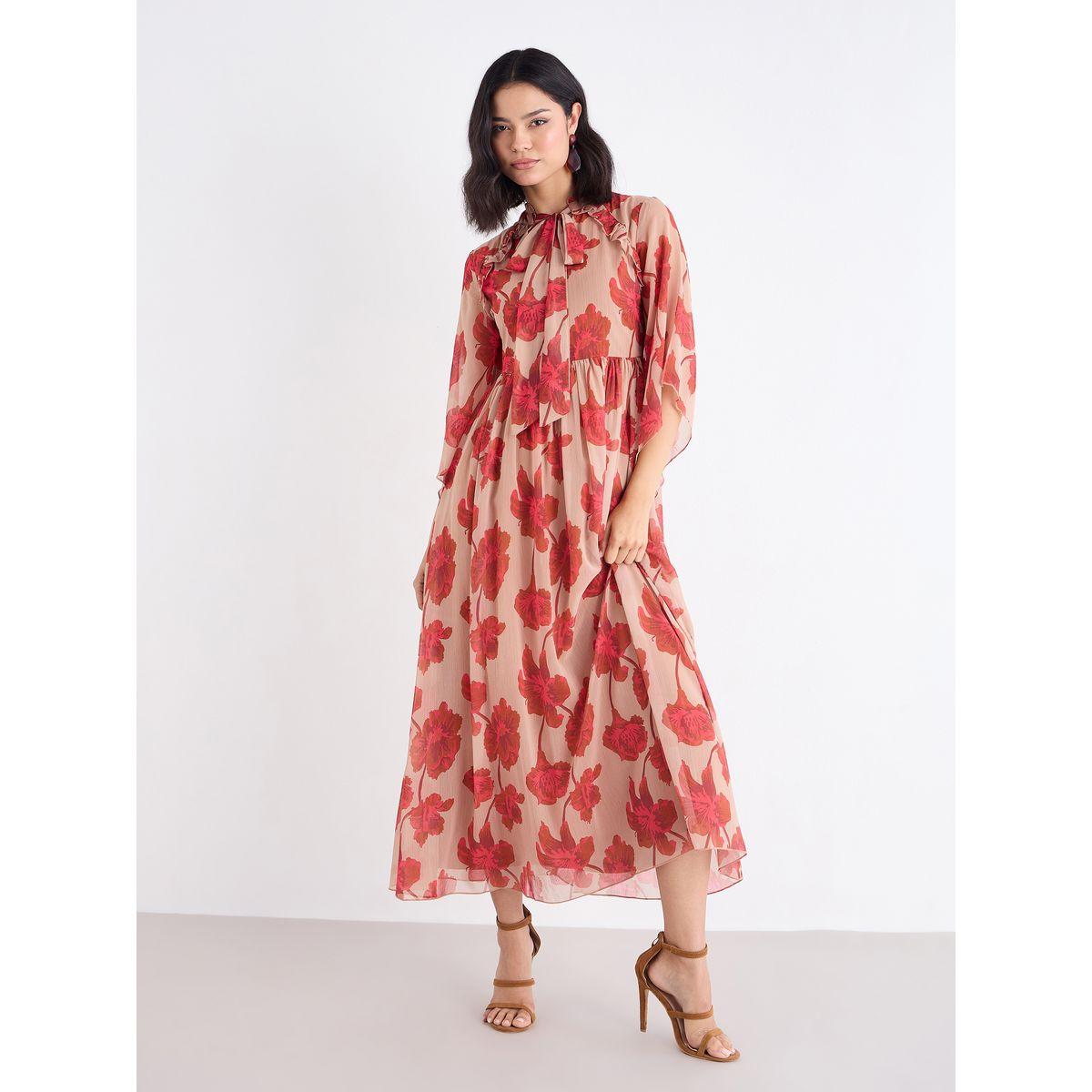 فستان طويل بطبعة زهور بتفاصيل ياقة بأربطة-women-clothing-dresses-image-3