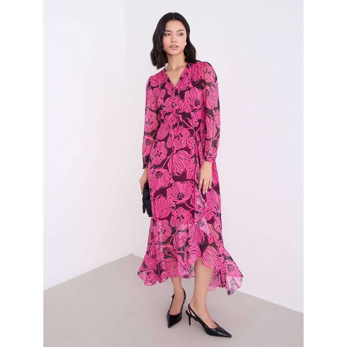 Styli Dark Pink Floral Maxi Dress with Ruffle Edge-women-clothing-dresses-image-1