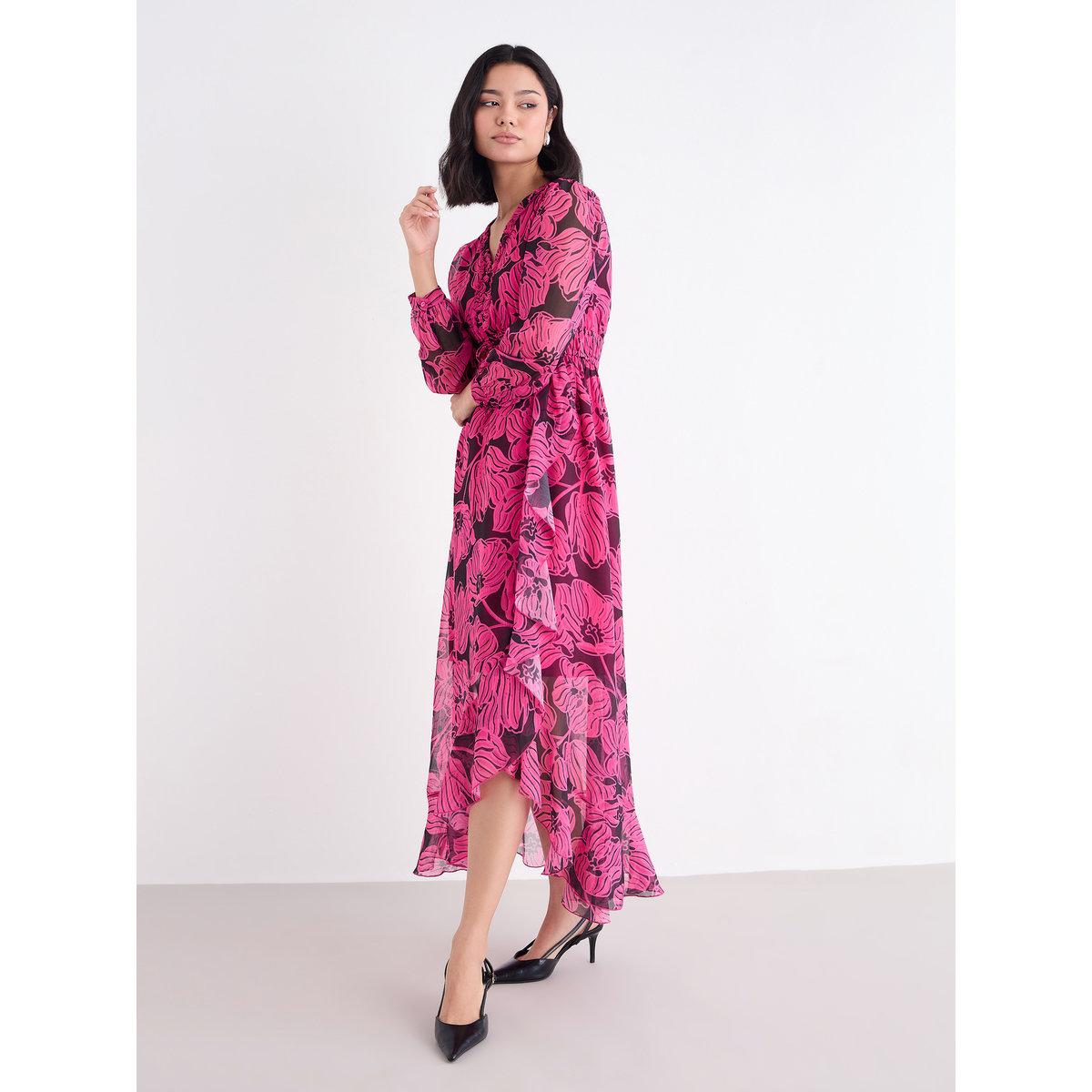 Styli Dark Pink Floral Maxi Dress with Ruffle Edge-women-clothing-dresses-image-2