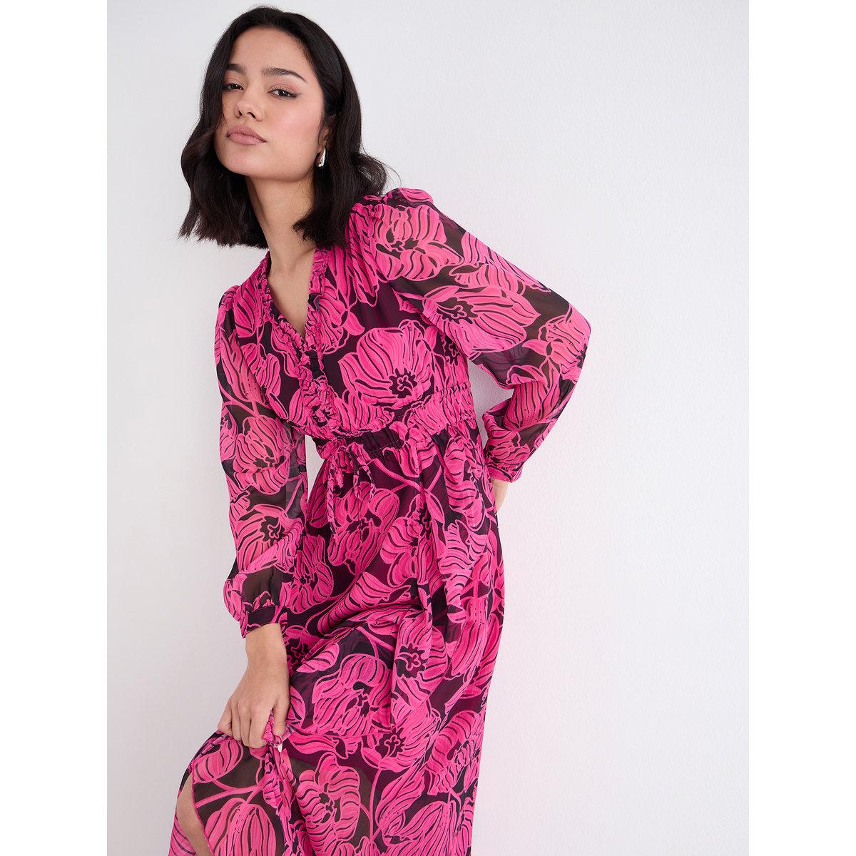 Styli Dark Pink Floral Maxi Dress with Ruffle Edge-women-clothing-dresses-image-3
