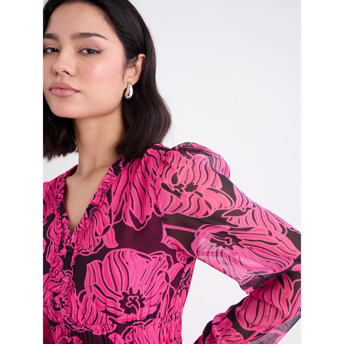 Styli Dark Pink Floral Maxi Dress with Ruffle Edge-women-clothing-dresses-image-4